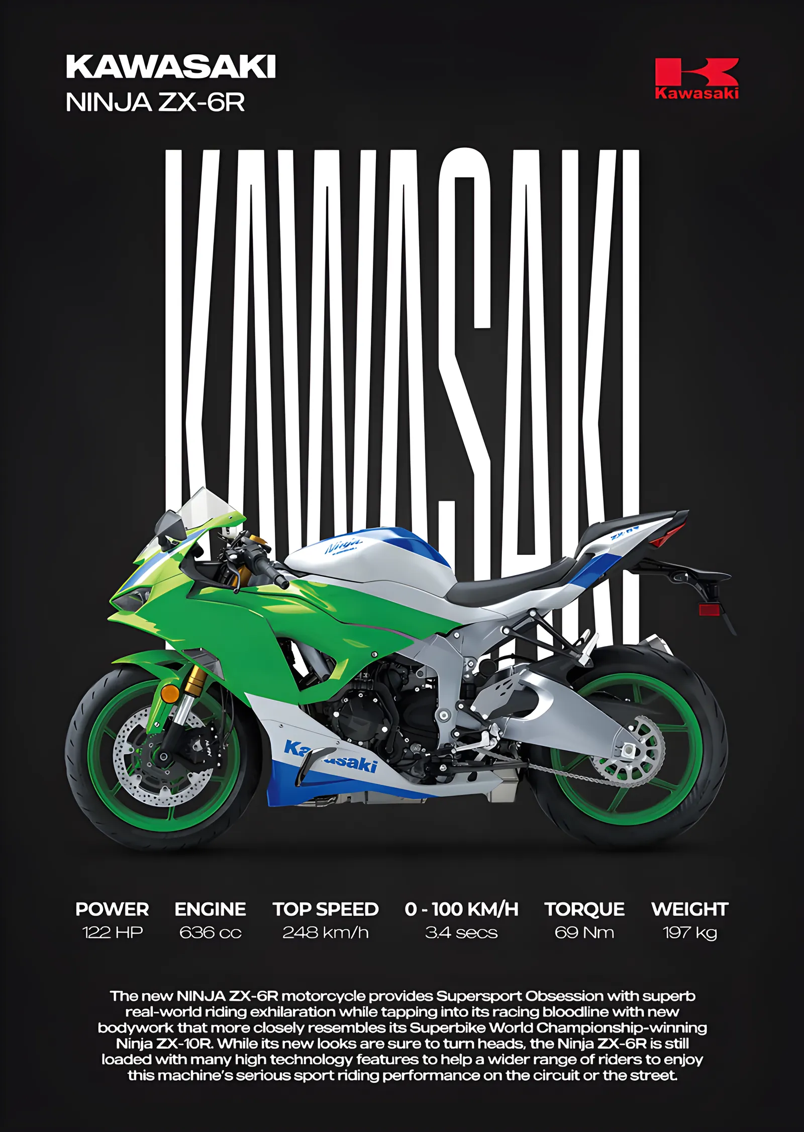 Kawasaki Ninja ZX-6R - Yeşil Gövde metal tablo