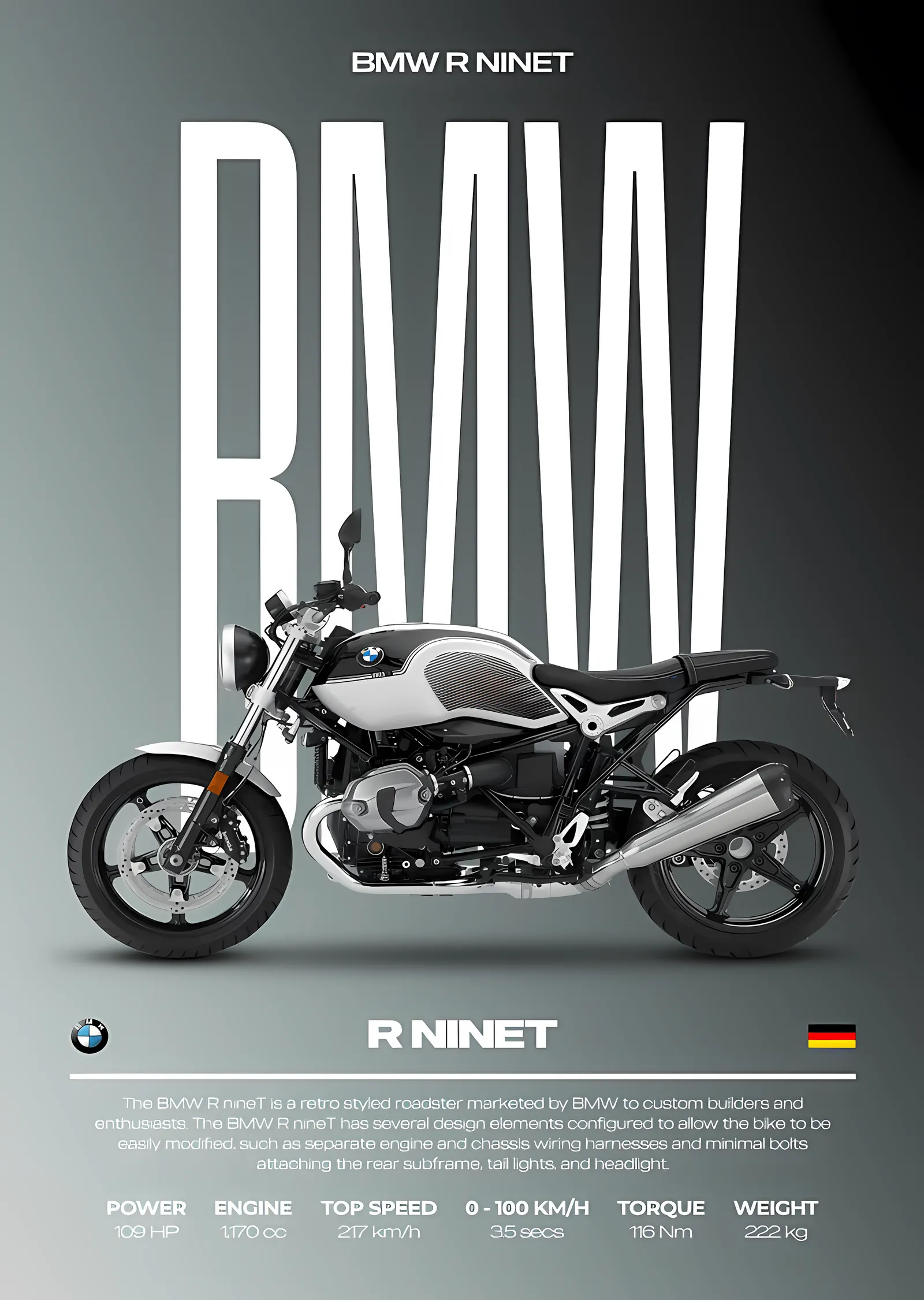 BMW R nineT - Gri Zemin metal tablo