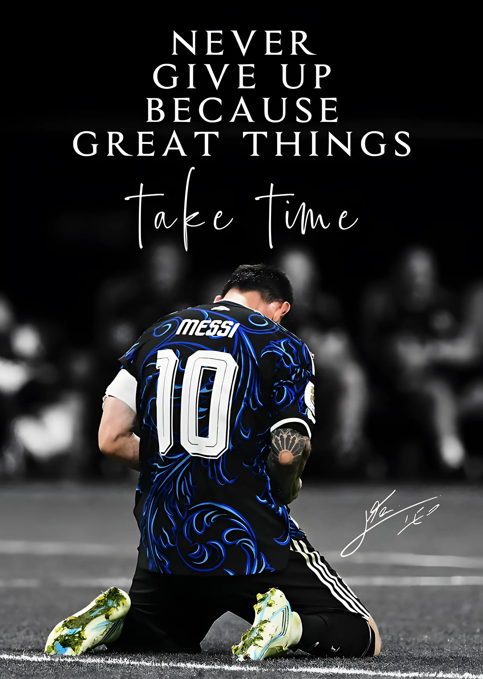 Never Give Up: Diz Çöken Messi metal tablo