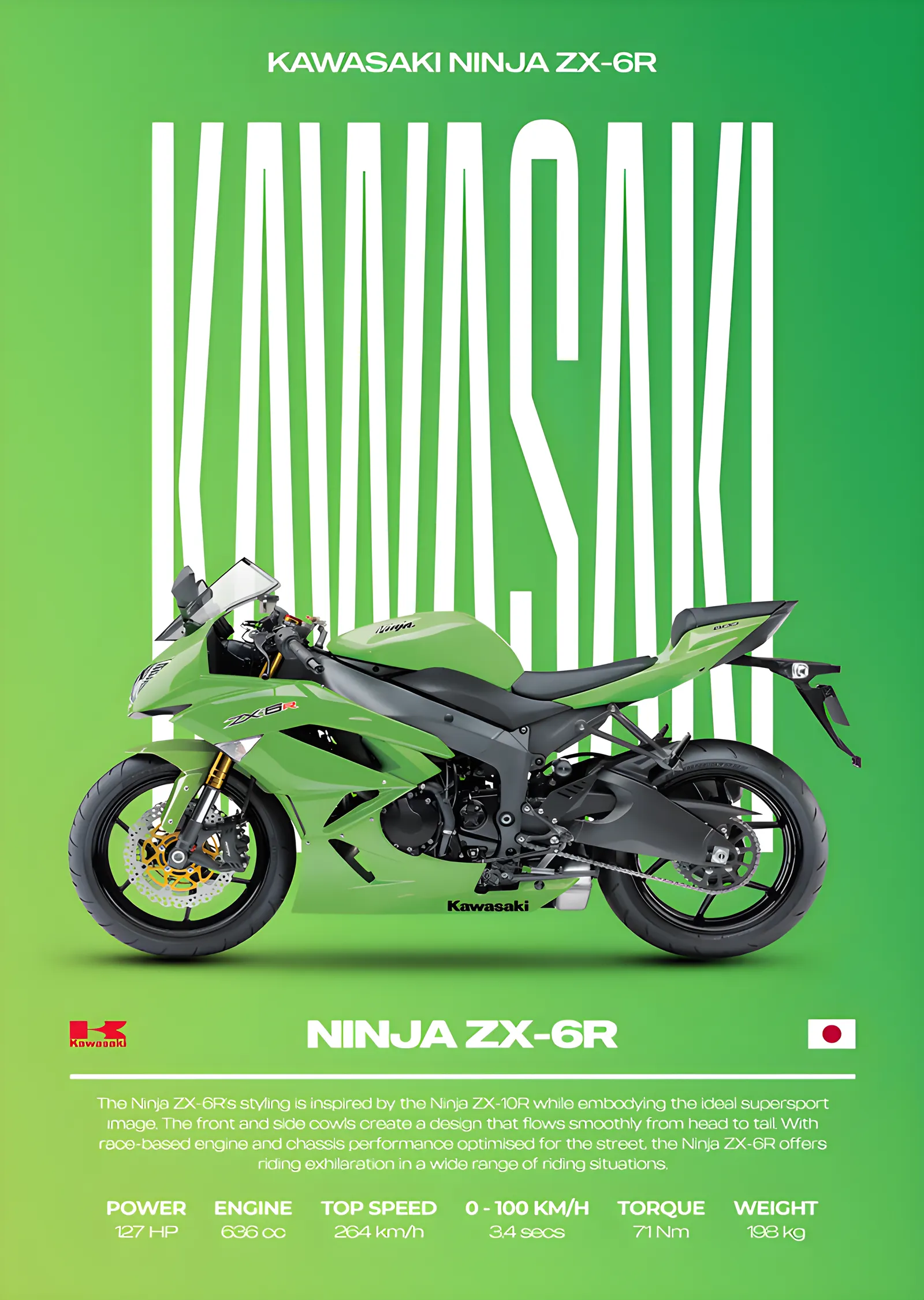 Kawasaki Ninja ZX-6R - Çim Yeşili metal tablo