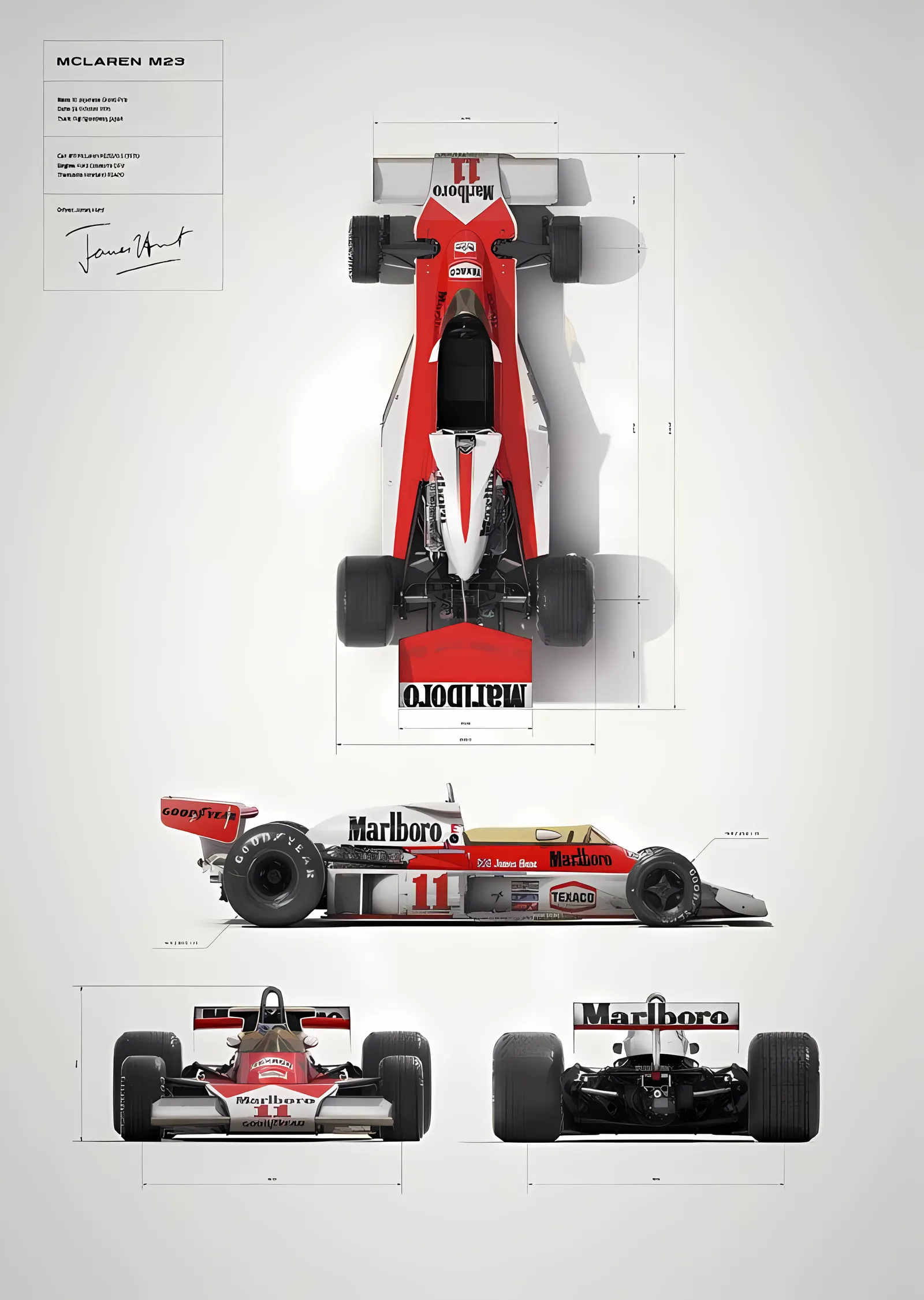 McLaren M23 · 1976 James Hunt Teknik Çizim Japonya GP metal tablo