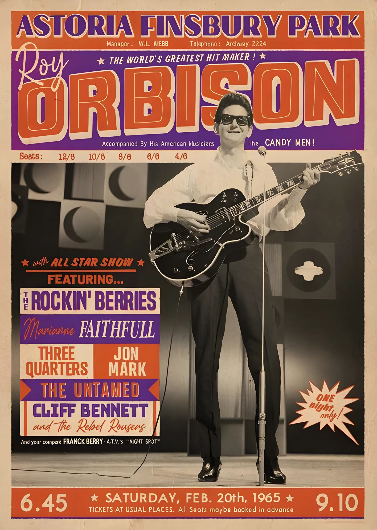 Roy Orbison: Astoria Finsbury Park 1965 metal tablo