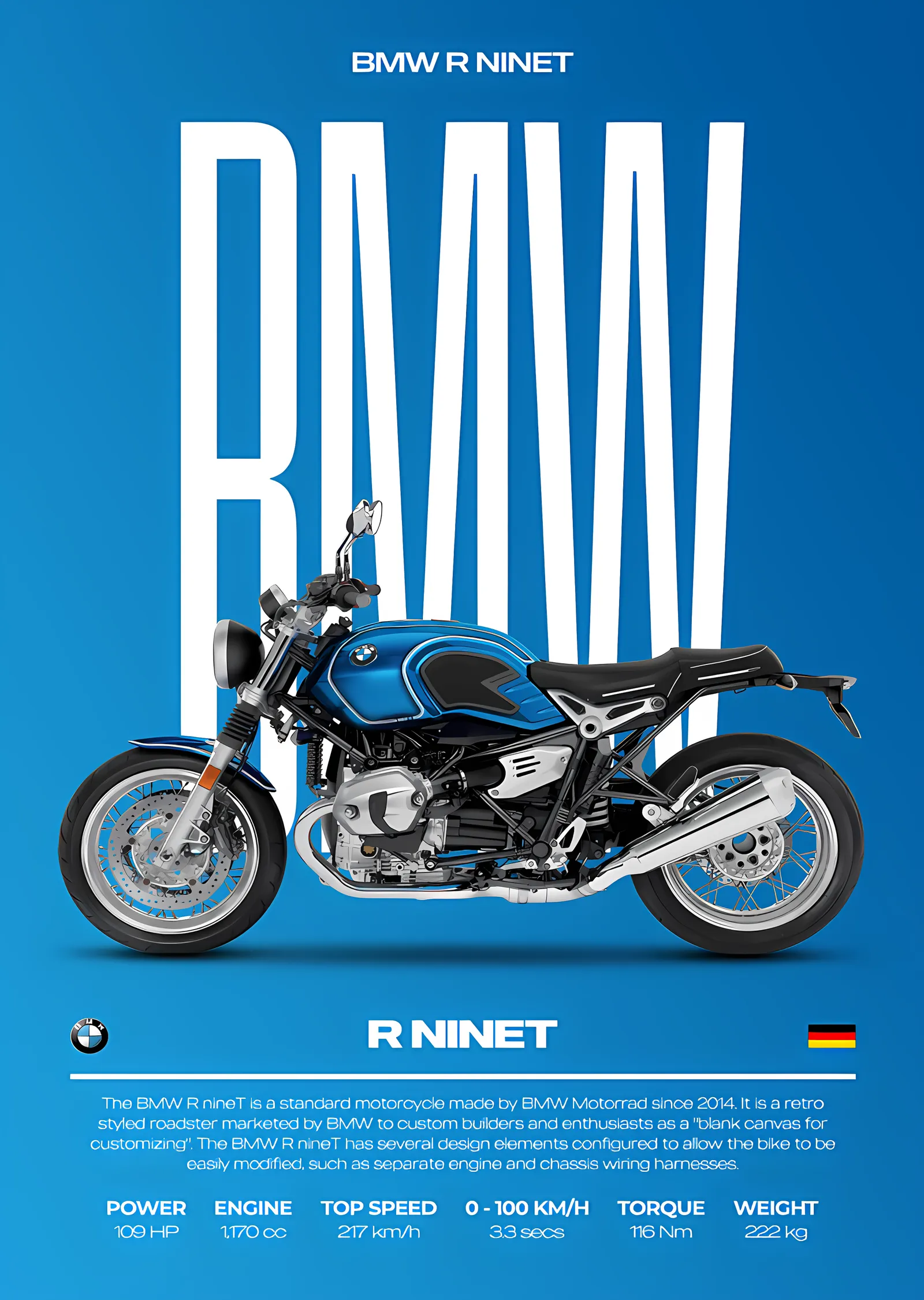 BMW R nineT - Gökyüzü Mavisi metal tablo