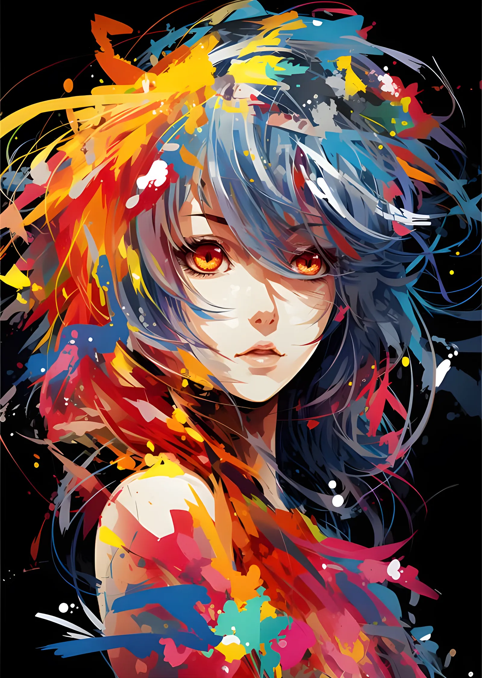 Kızıl Gözlü Anime Kız - Renk Sıçraması metal tablo