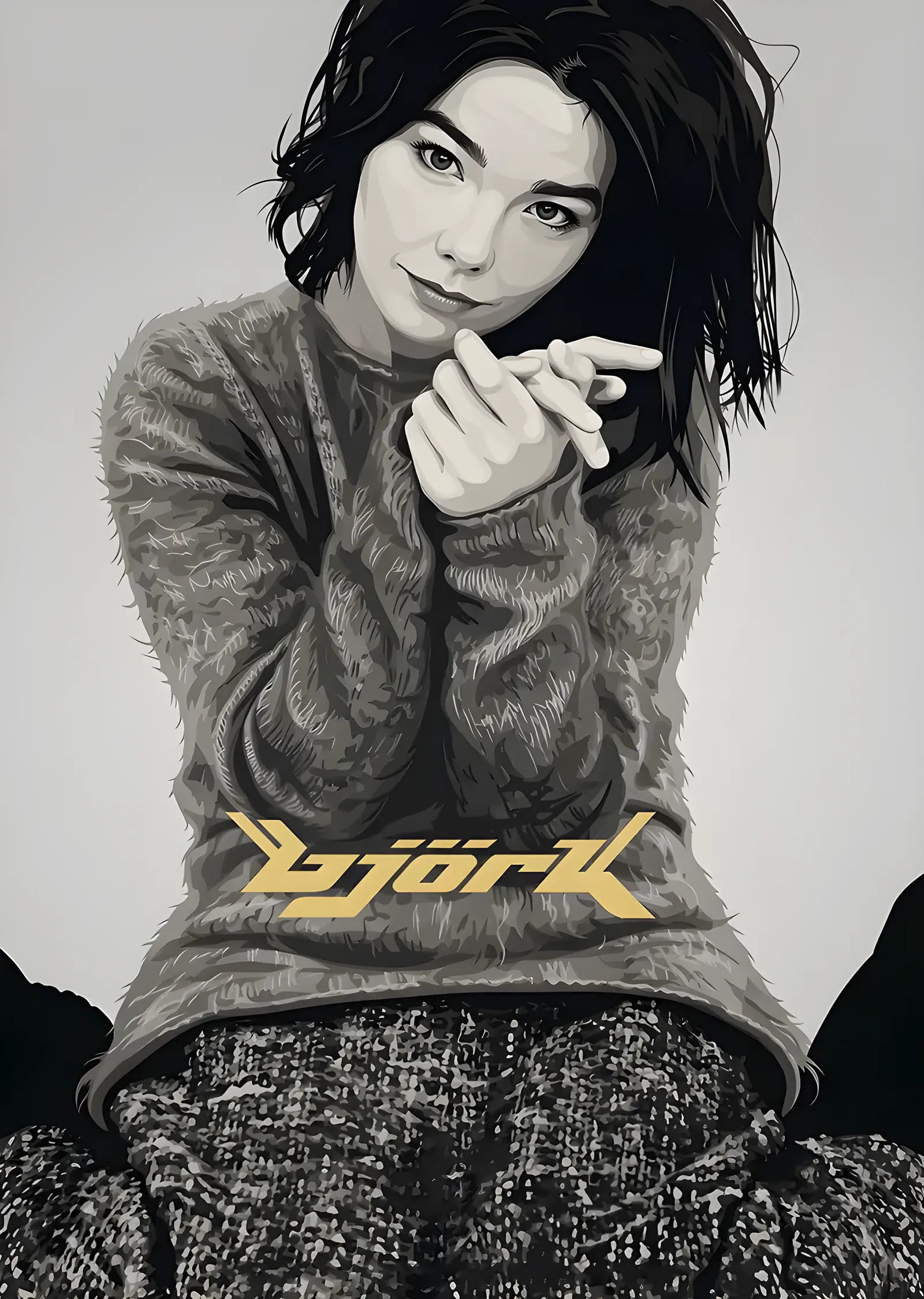Björk: Gri Süveterde Portre metal tablo