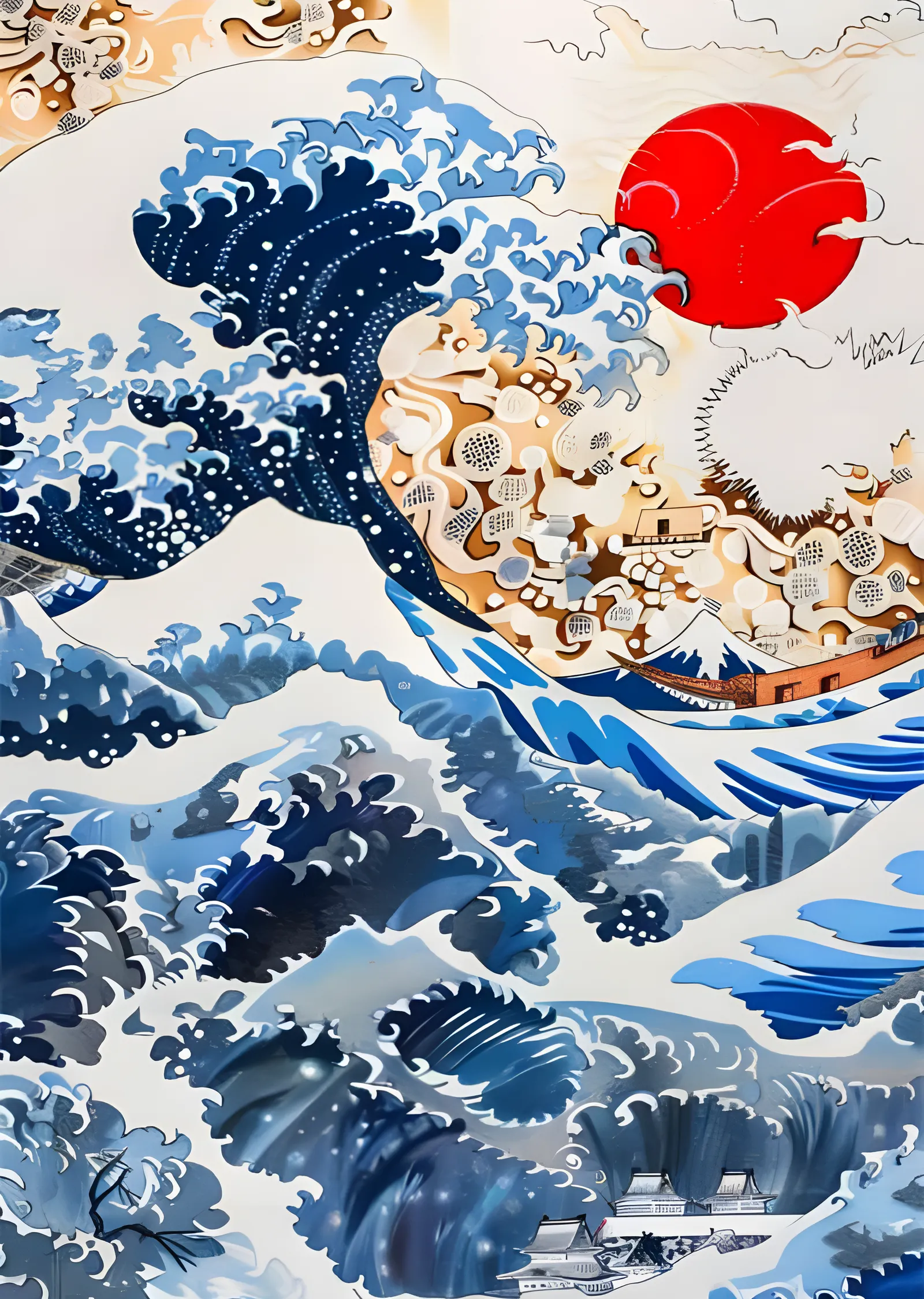Büyük Dalga ve Kızıl Güneş - Modern Ukiyo-e metal tablo