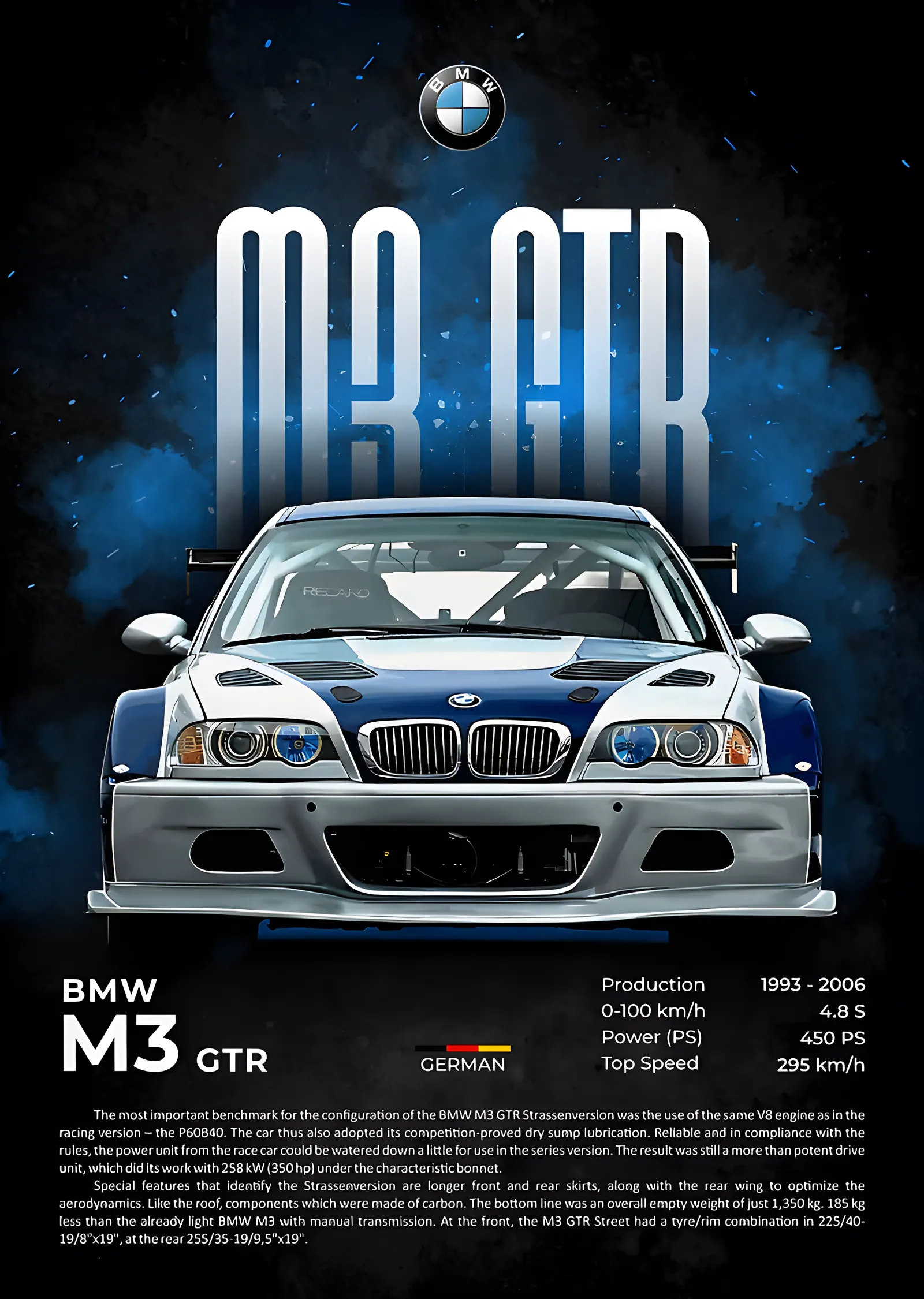 BMW M3 GTR - Mavi Zemin metal tablo
