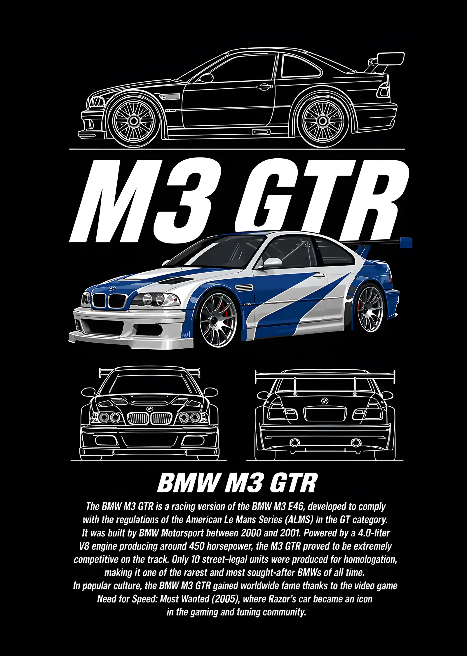 BMW M3 GTR - Teknik Çizim metal tablo