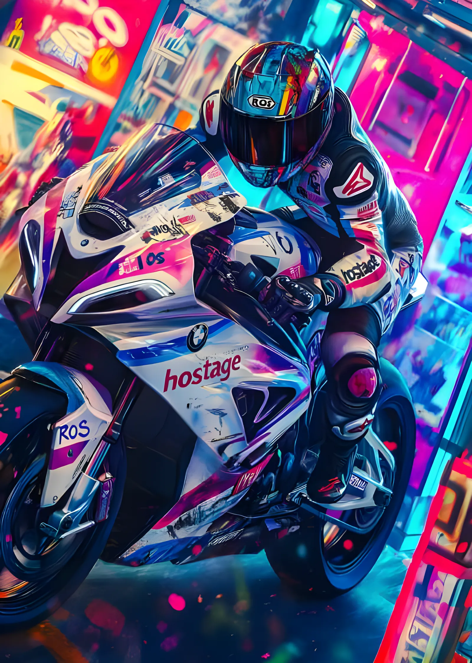 BMW Yarış Motosikleti - Neon Airbrush Sahnesi metal tablo