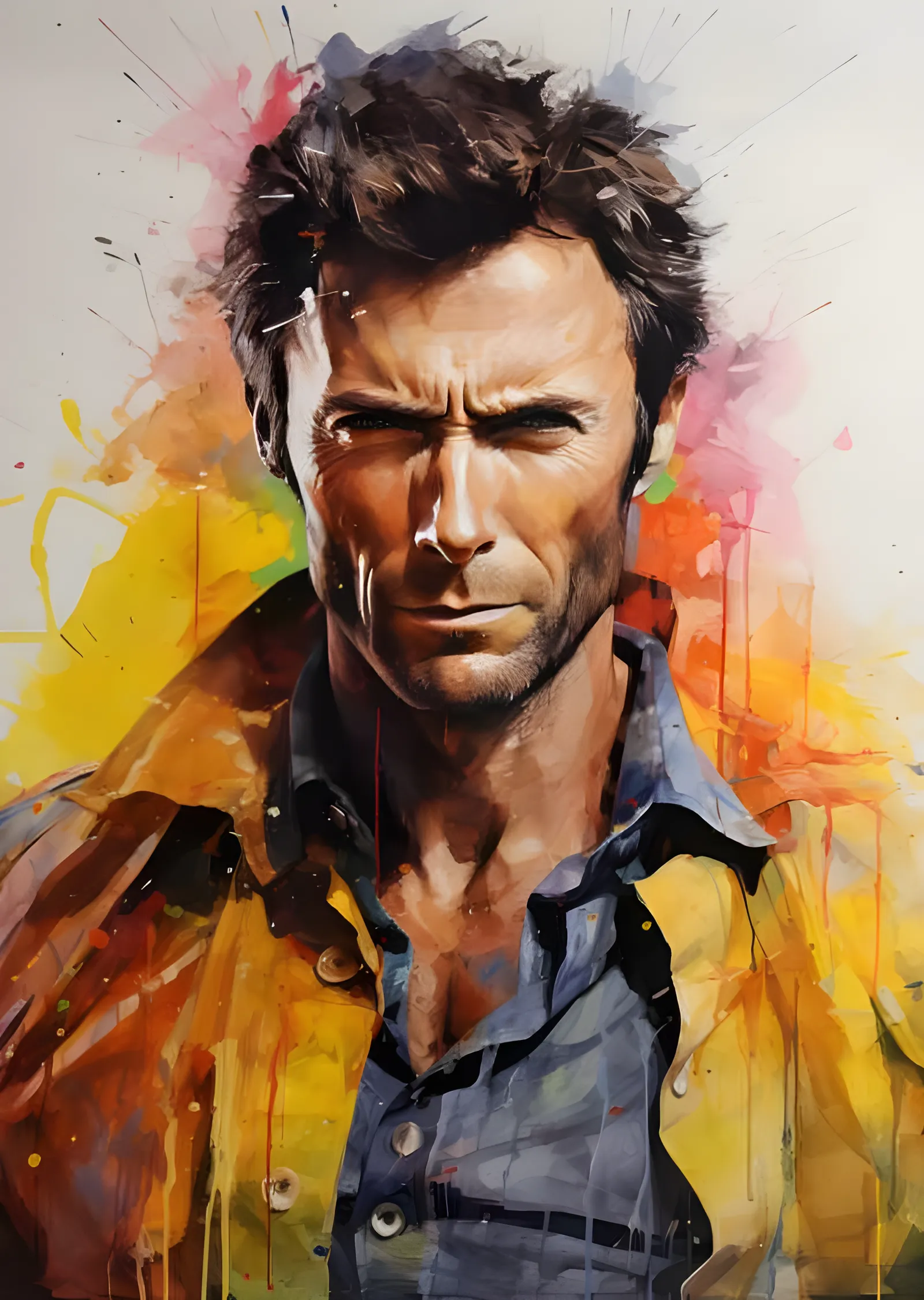 Clint Eastwood - Suluboya Sıçramalı Portre metal tablo