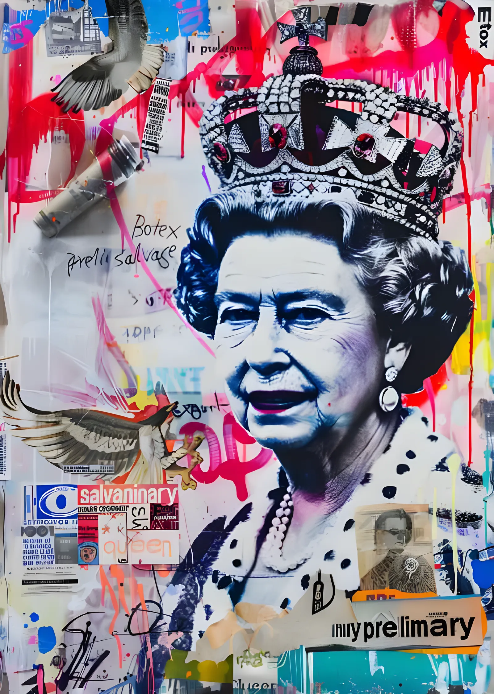 Kraliçe Elizabeth II - Sokak Sanatı Kolajı metal tablo