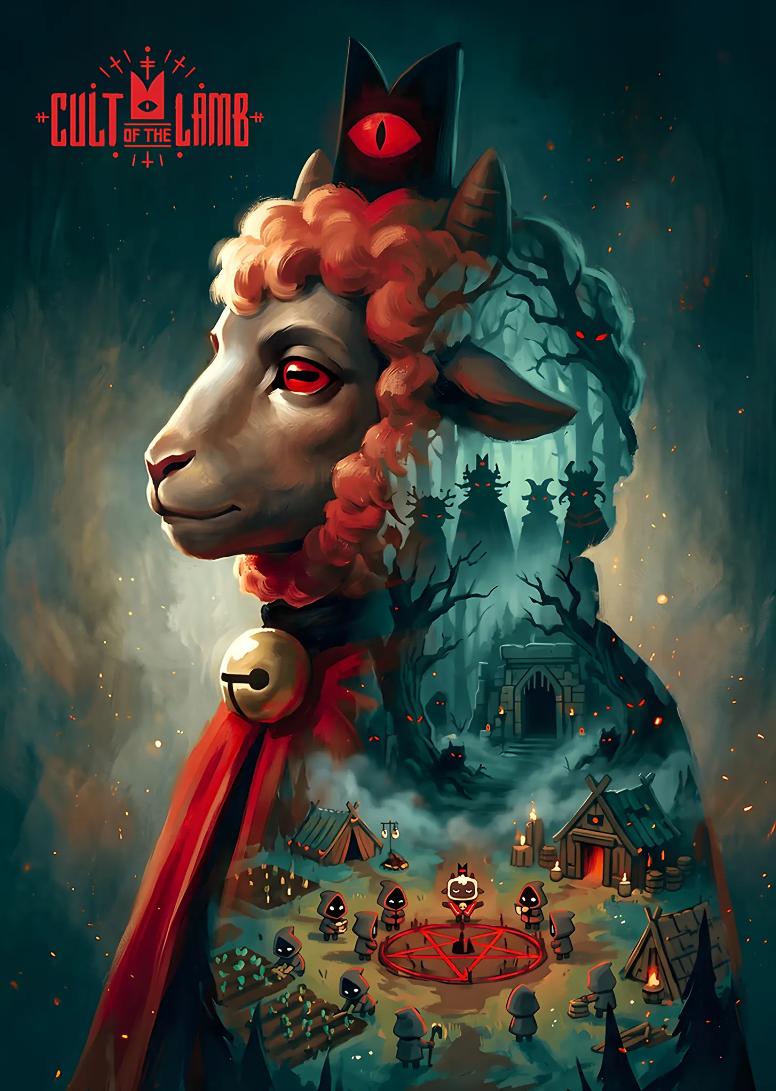 Cult of the Lamb: Kızıl Gözlü Yeşil Kuzu metal tablo