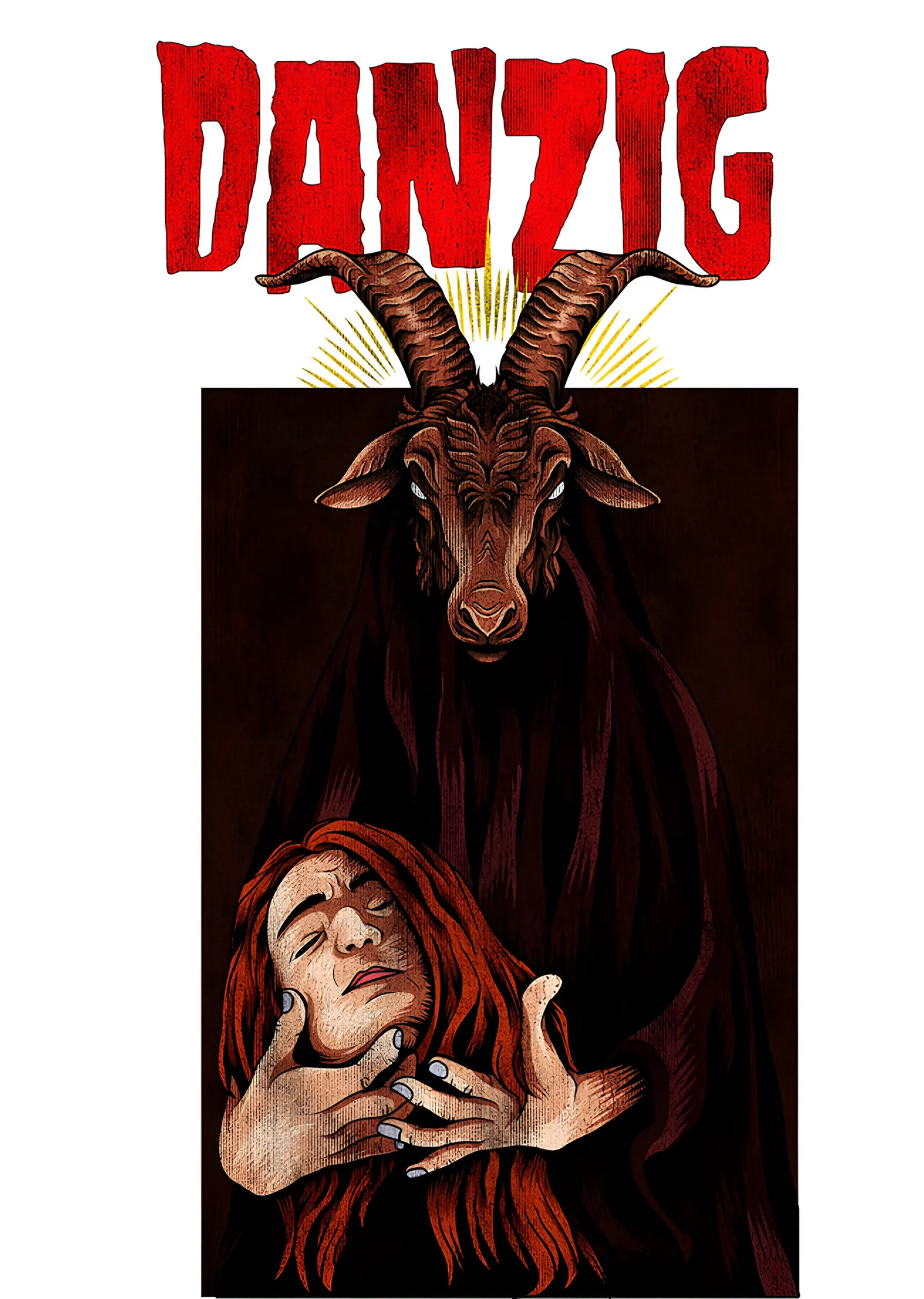 Danzig: Kızıl Zeminde Koç Kafası ve Kadın metal tablo