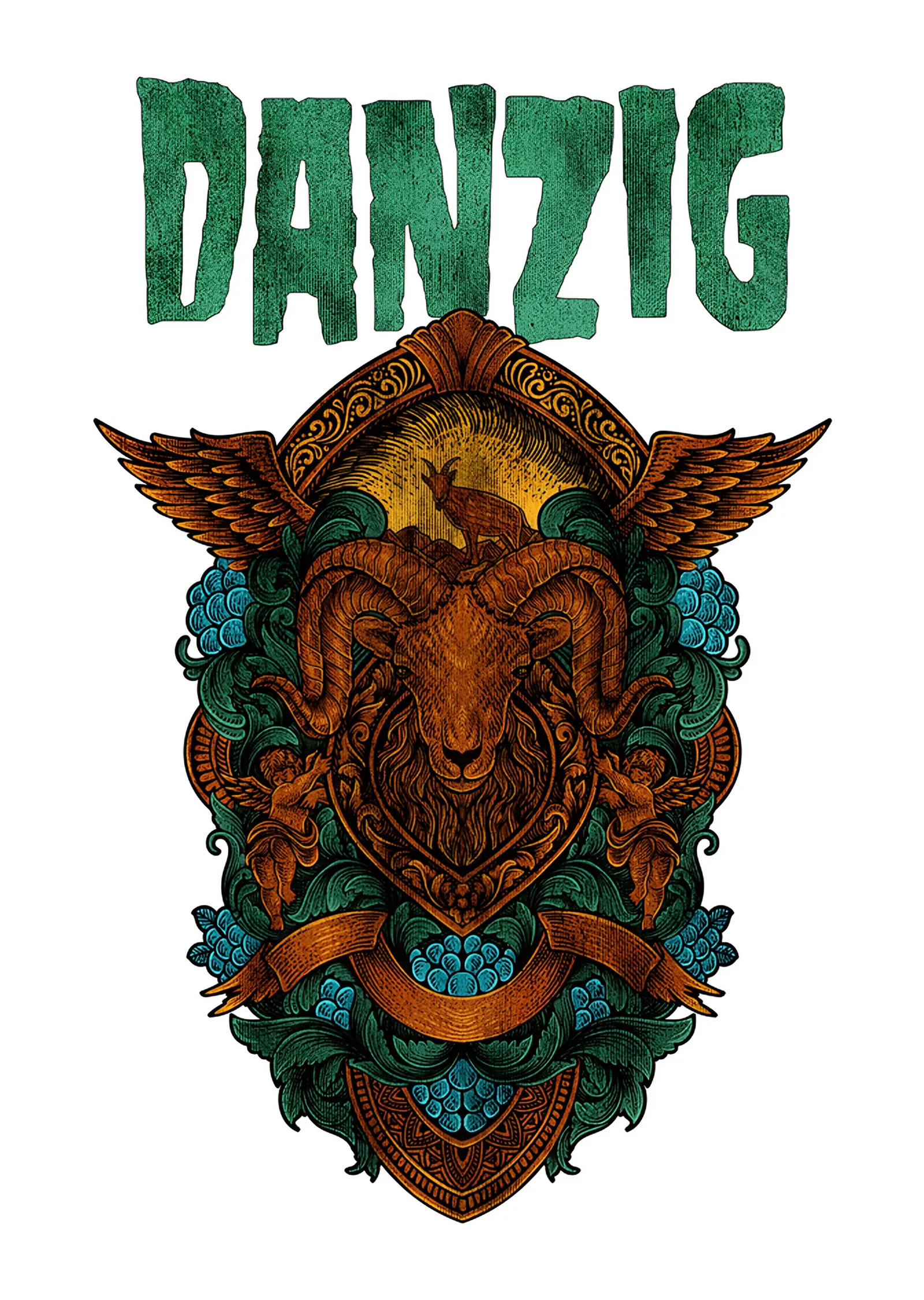 Danzig: Yeşil Süslemede Kanatlı Koç Kafası metal tablo