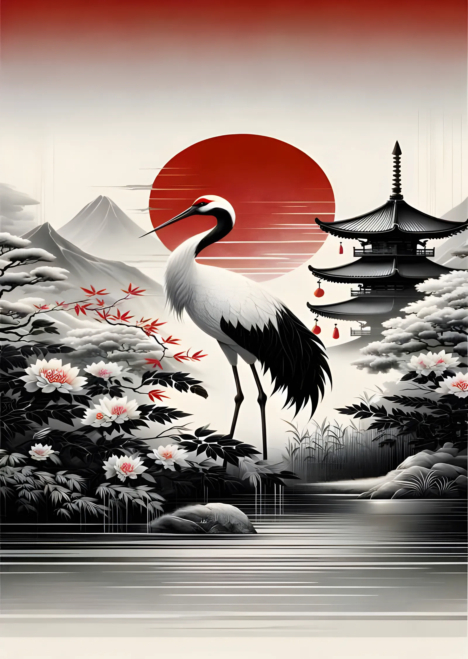 Zarif Turna ve Kızıl Güneş - Japon Pagoda metal tablo