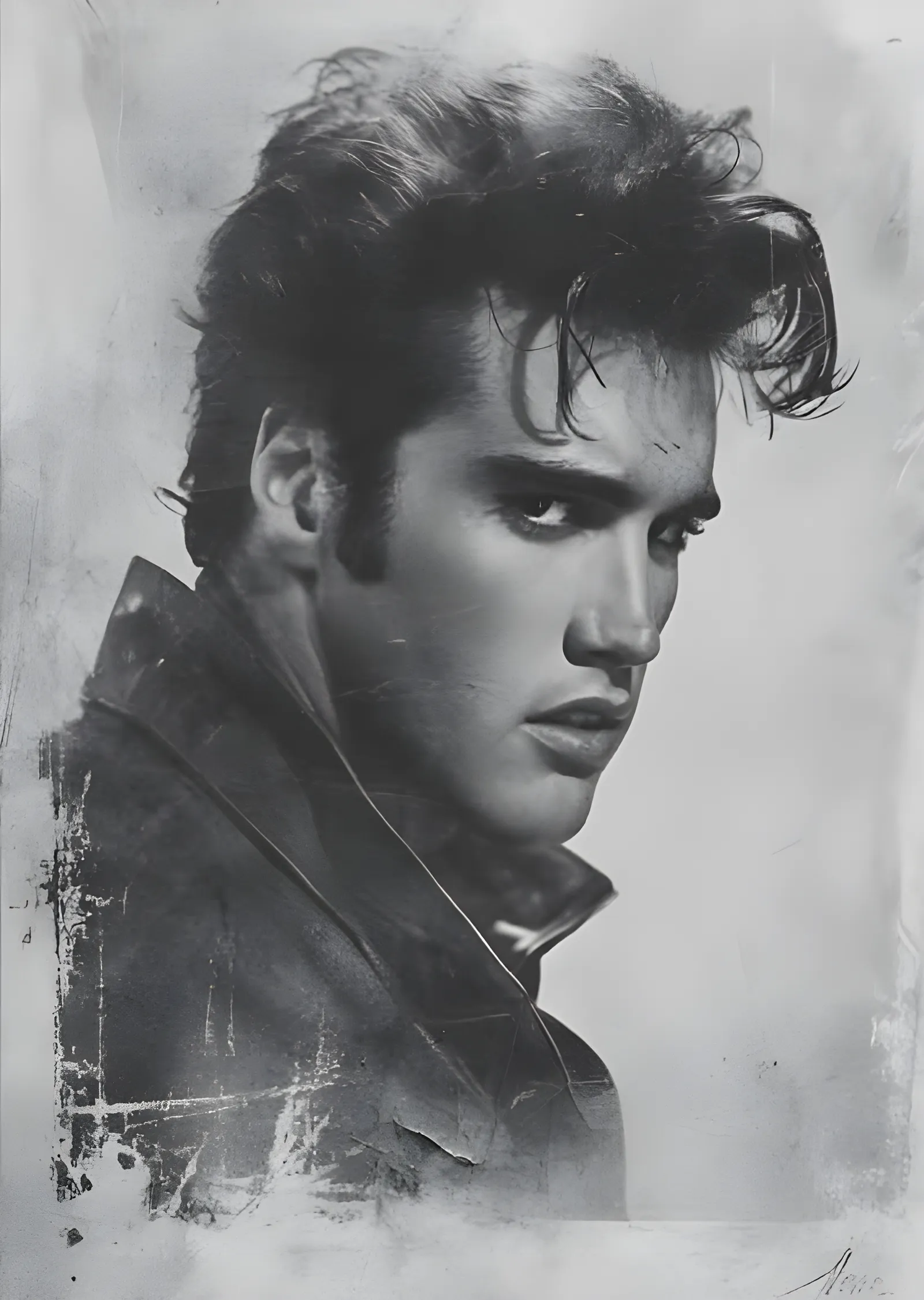 Elvis Presley - Gri Kömür Kalem Yan Portre metal tablo