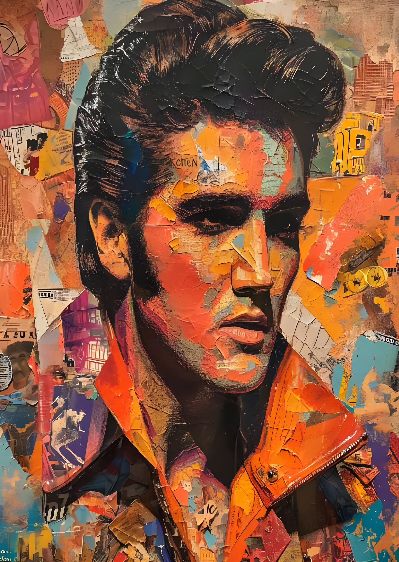 Elvis Presley - Turuncu Kağıt Kolaj Portre metal tablo
