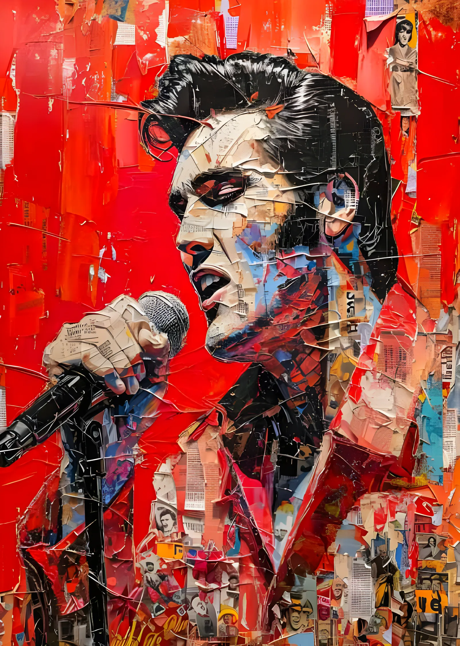 Elvis Presley - Mikrofonda Kırmızı Kolaj Sahne metal tablo