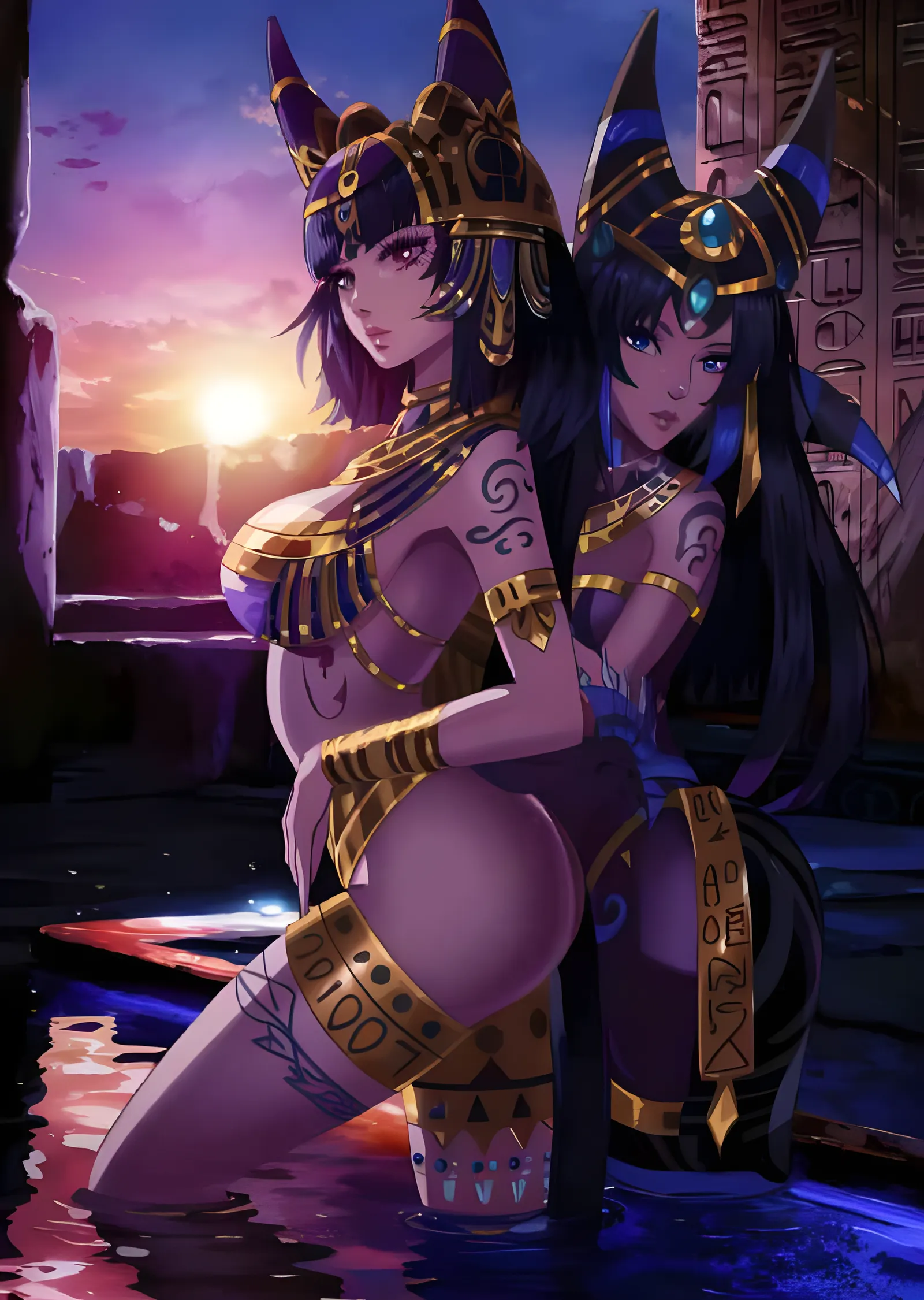 Anubis Kostümlü Anime İkilisi - Mısır Gün Batımı metal tablo
