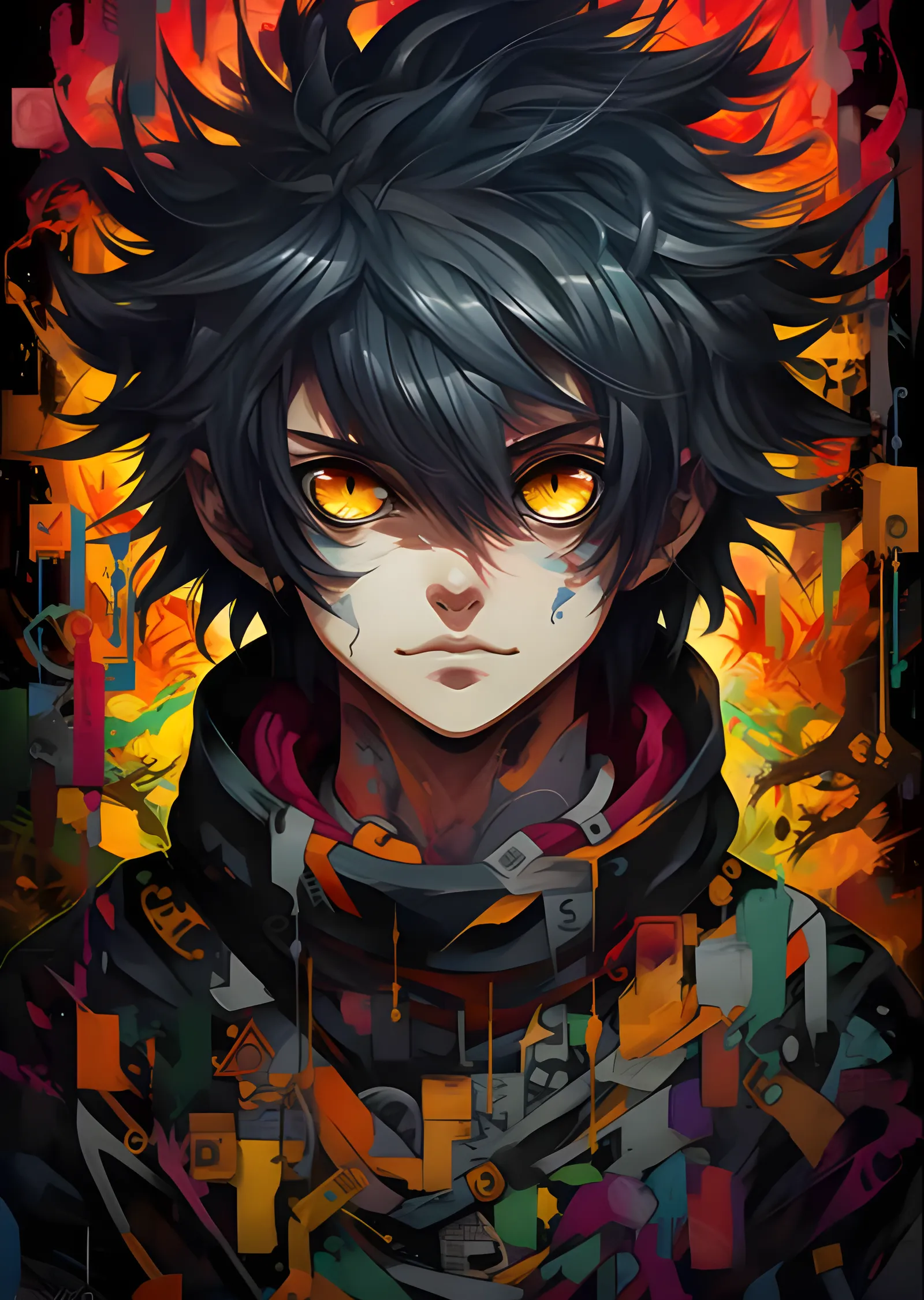 Altın Gözlü Anime Kahraman - Renkli Kolaj Portre metal tablo