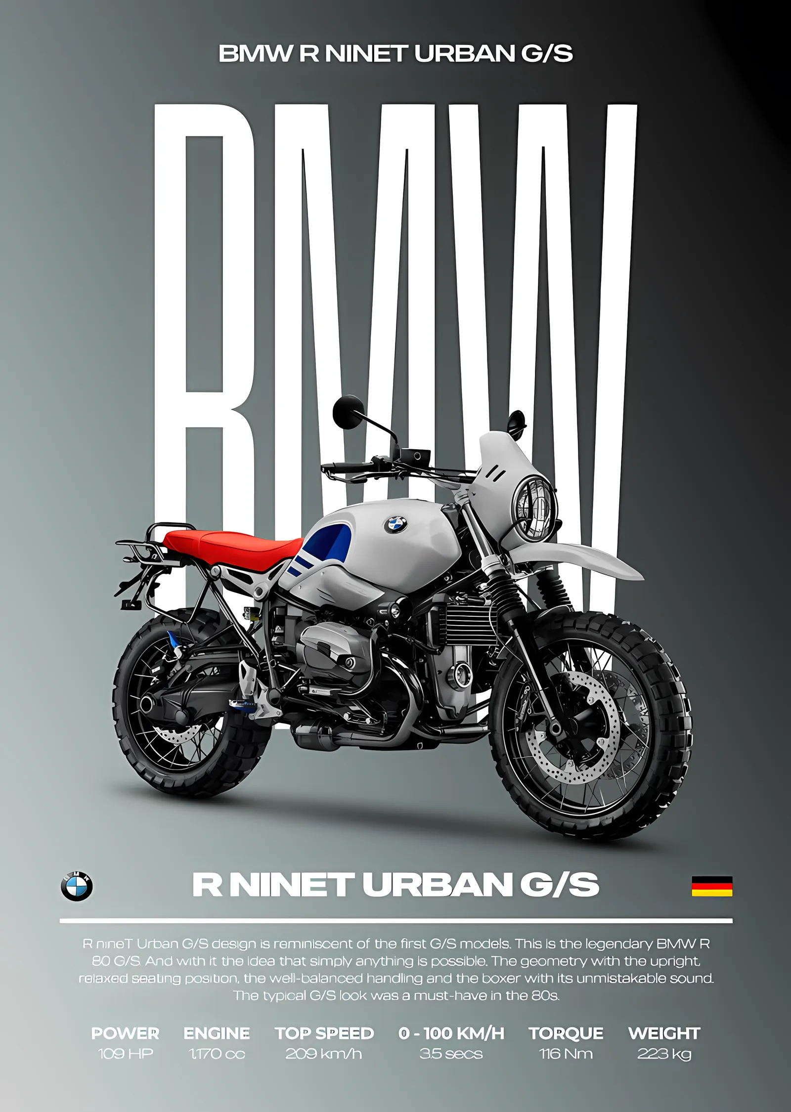 BMW R nineT Urban G/S - Gri Zemin metal tablo