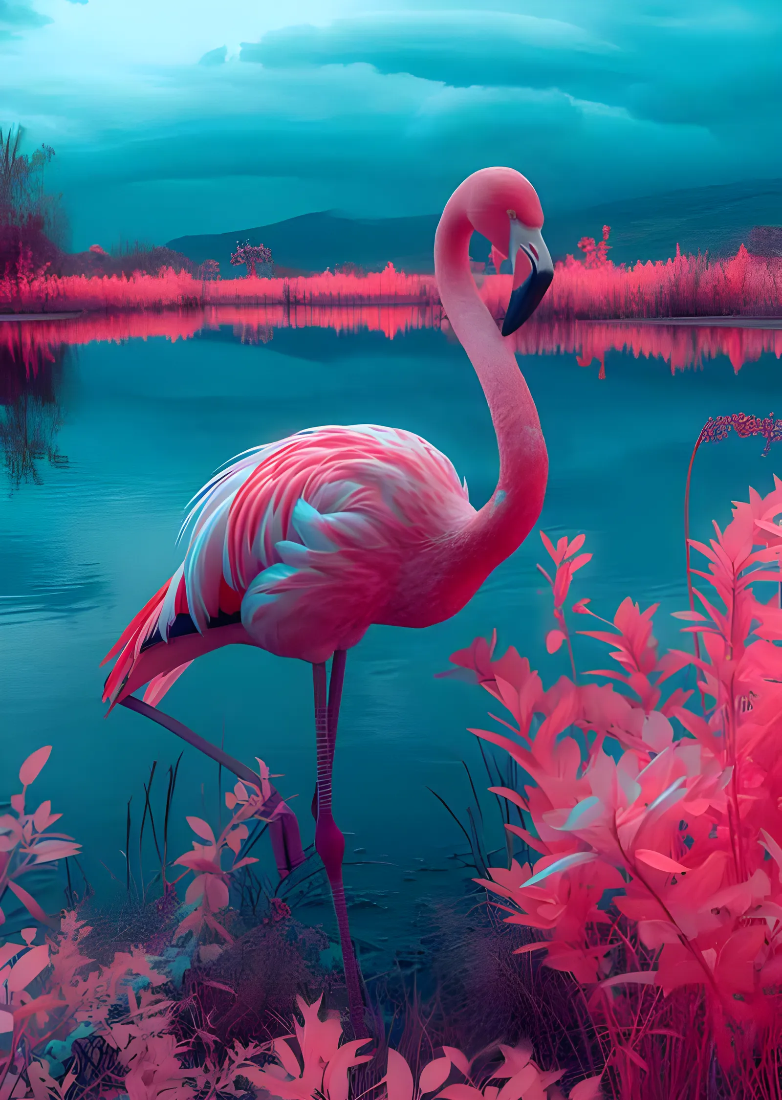 Flamingo: Neon Turkuaz Göl Kıyısı metal tablo