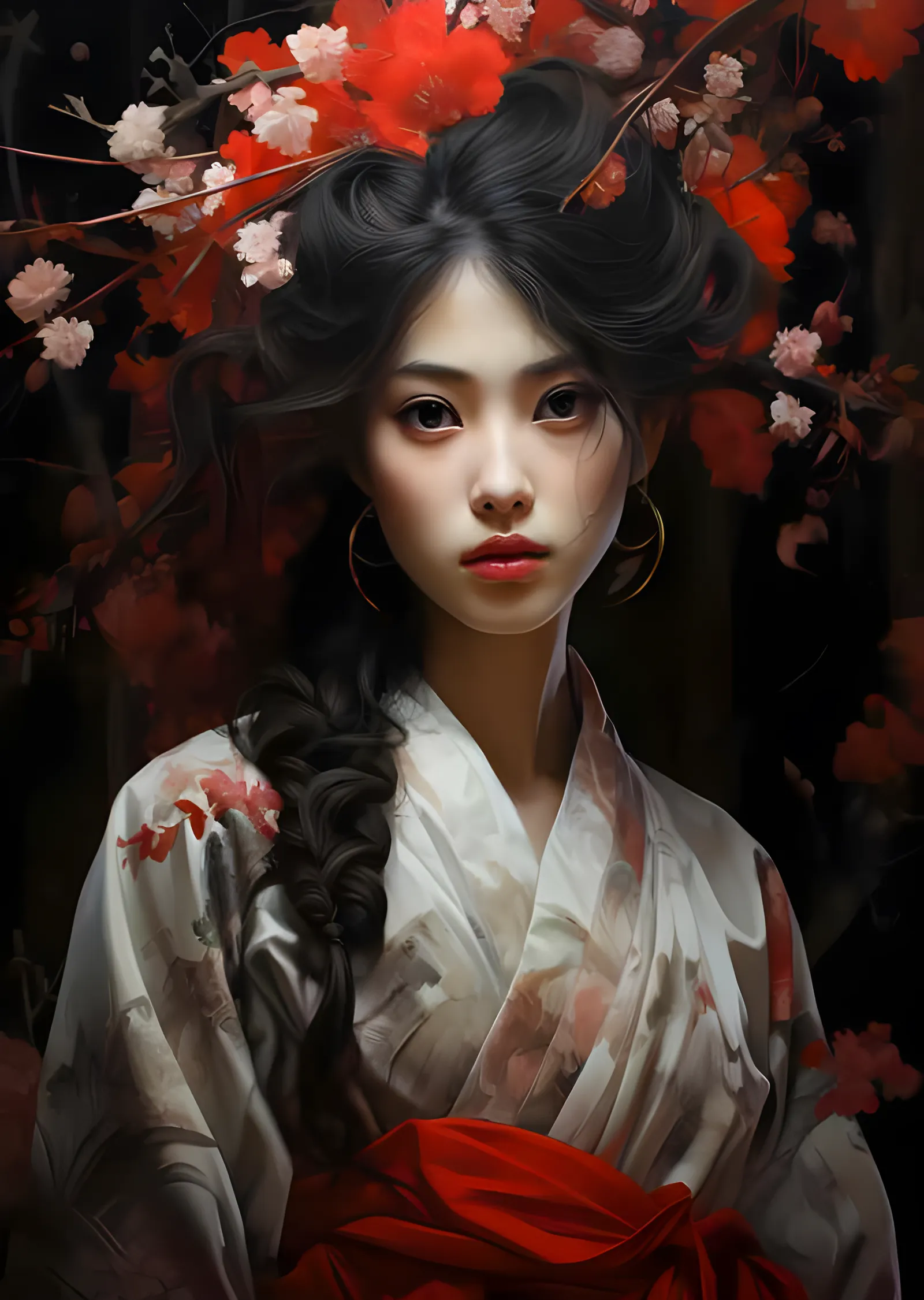 Geisha - Kırmızı Obi ve Çiçekli Kanzashi metal tablo