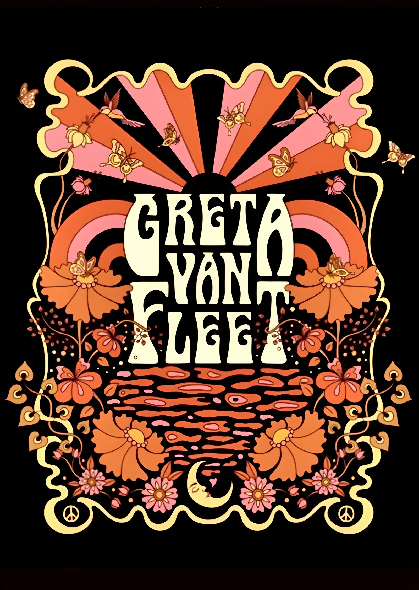 Greta Van Fleet - Psikedelik Çiçekli Afiş metal tablo