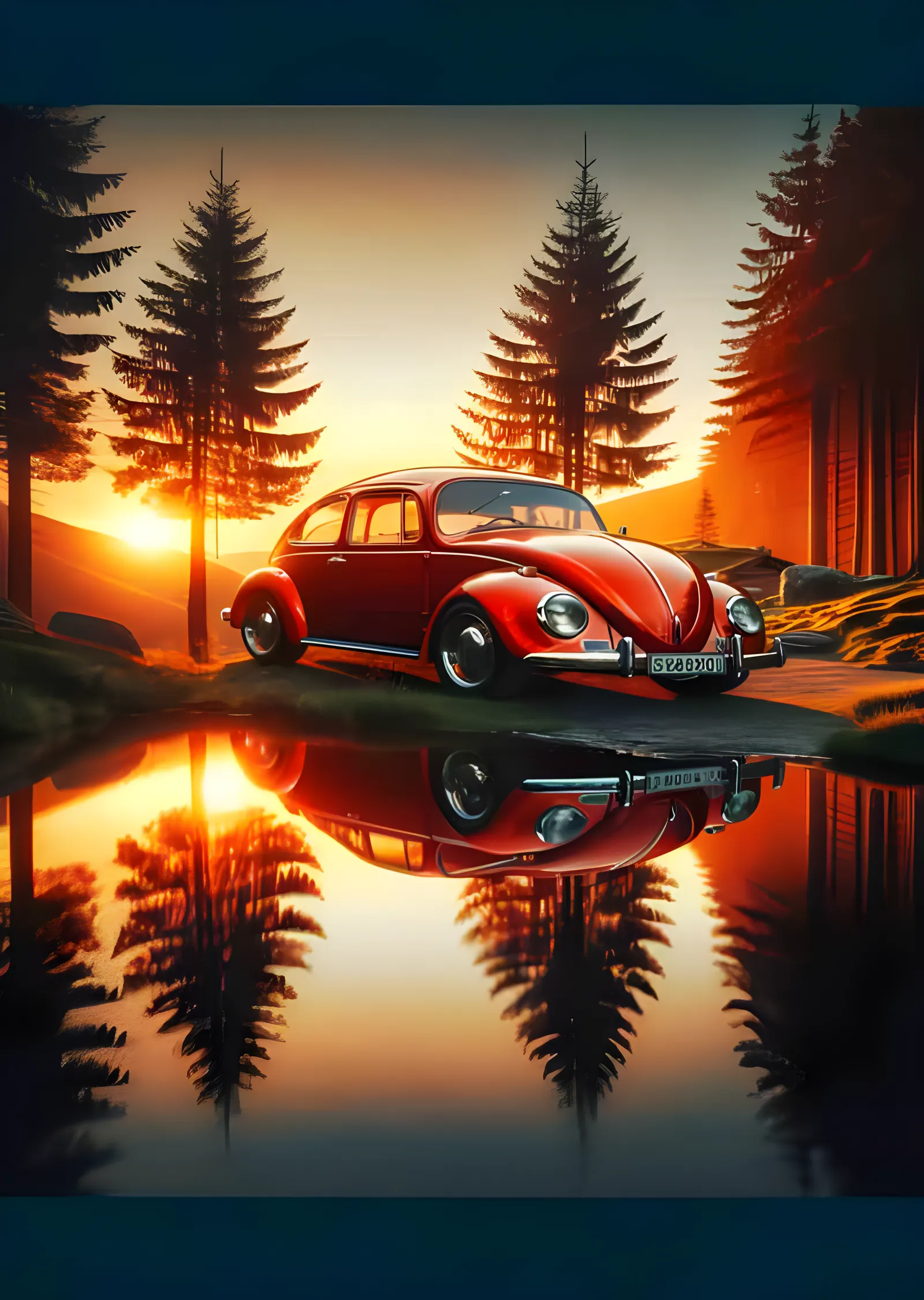 Kırmızı VW Beetle - Gün Batımı Yansıması metal tablo