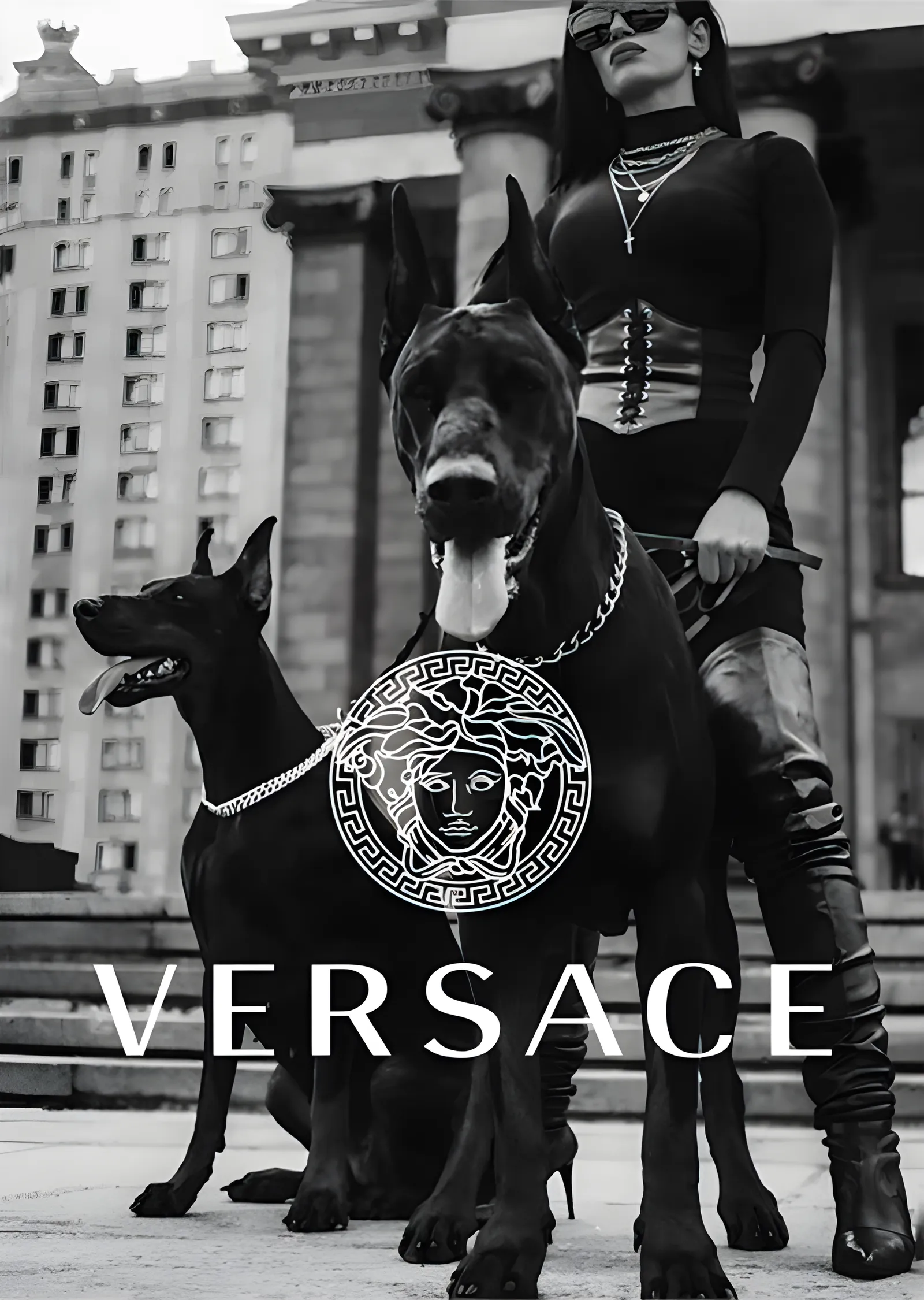 Versace: İki Doberman ve Model metal tablo
