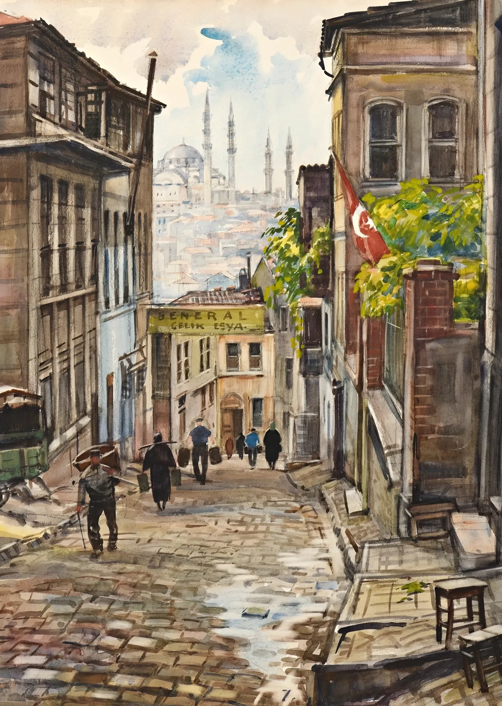 İstanbul Sokağı Suluboya metal tablo