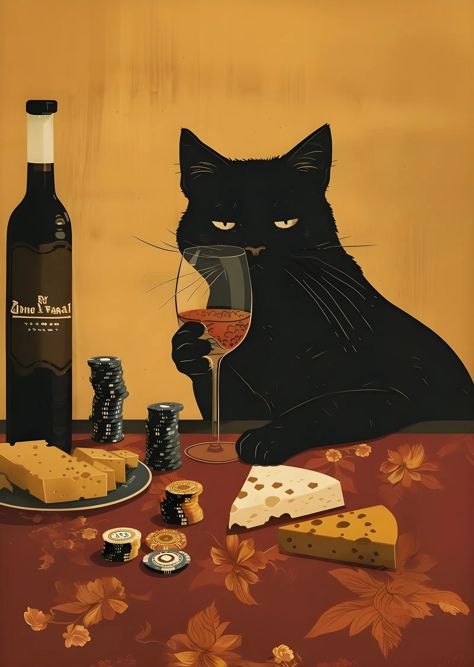 Kara Kedi - Şarap ve Peynir metal tablo