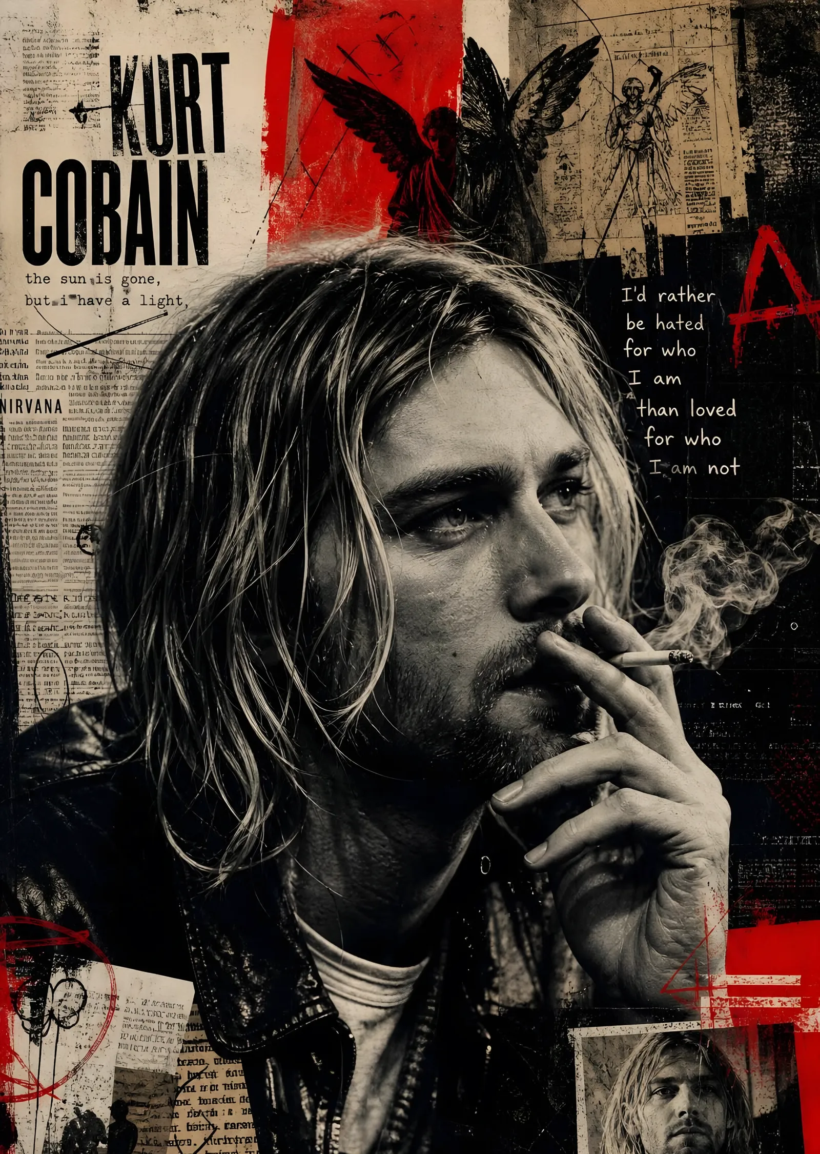 Kurt Cobain - Kırmızı Kolaj metal tablo