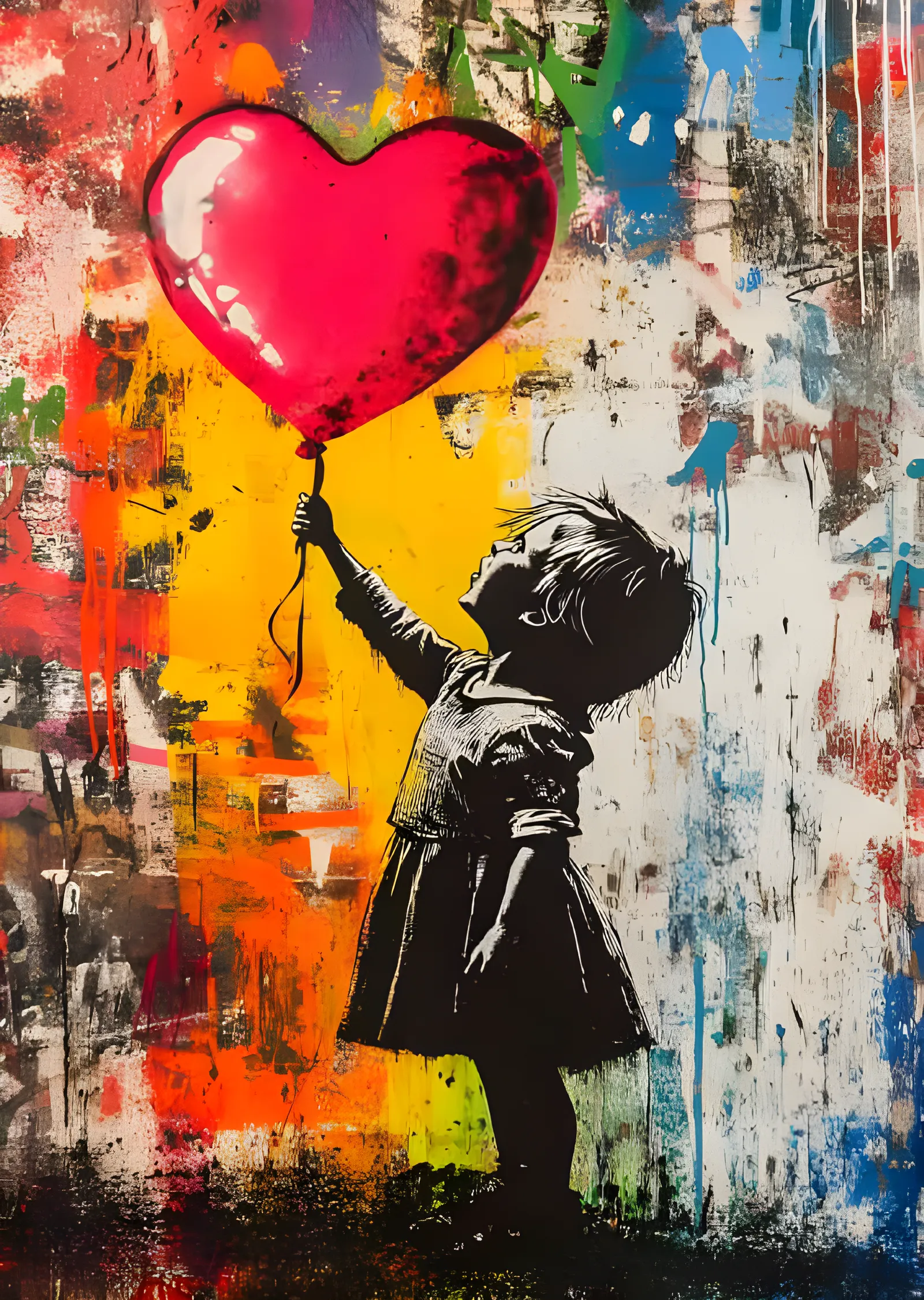 Banksy Tarzı Kalp Balonlu Kız - Renkli Duvar metal tablo