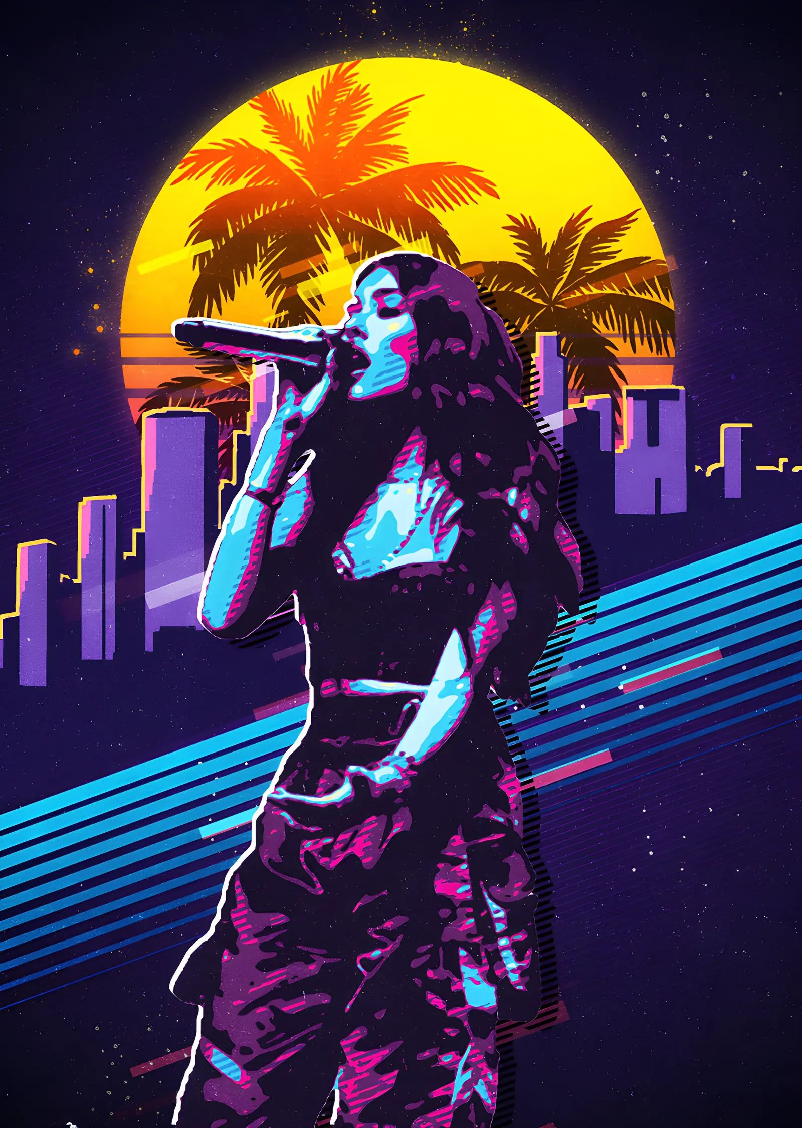 Madison Beer: Mor Şehir Synthwave metal tablo