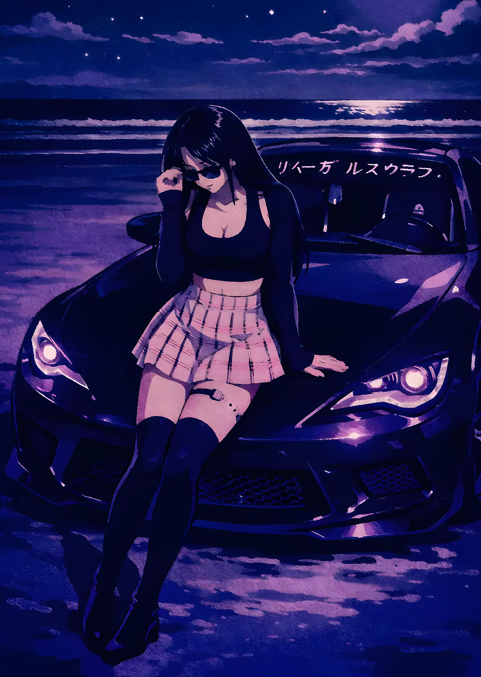 Gece Yolunda Anime Figür ve Spor Araba metal tablo