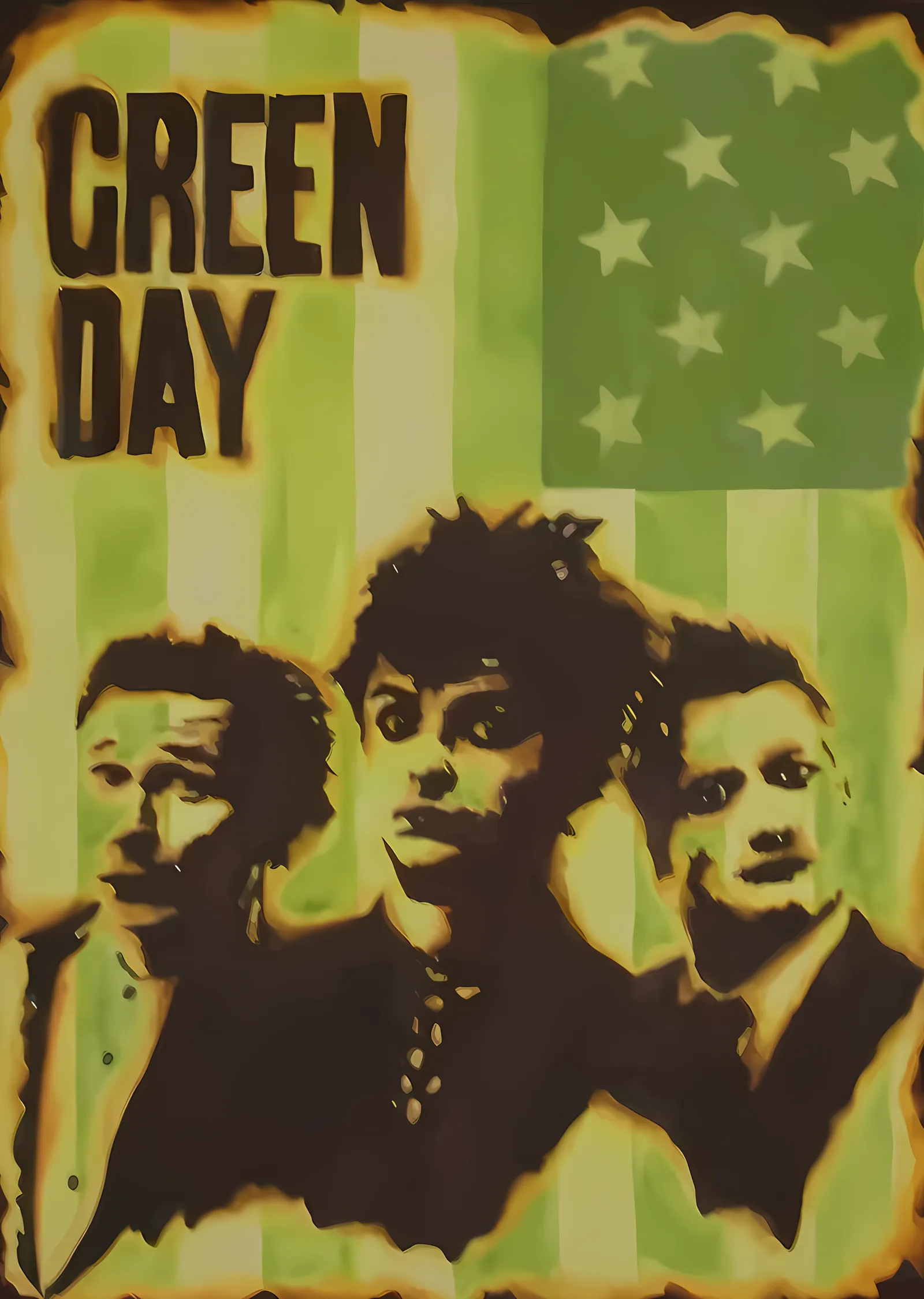 Green Day - Bayrak Önünde Sepya Üçlü metal tablo