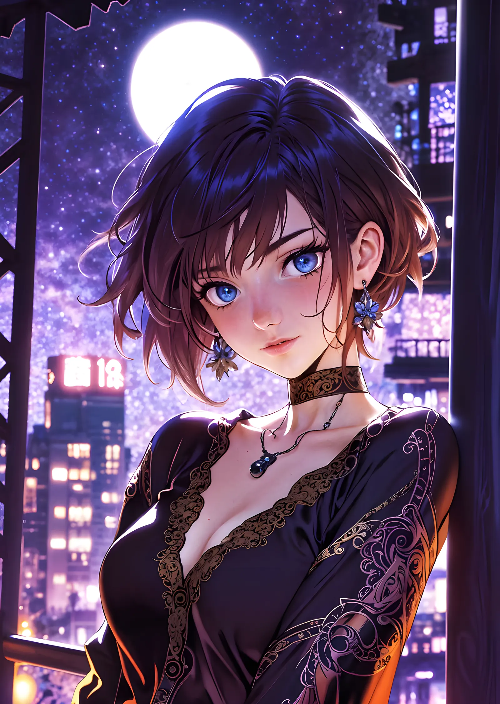 Kısa Saçlı Anime Kız - Dolunay metal tablo