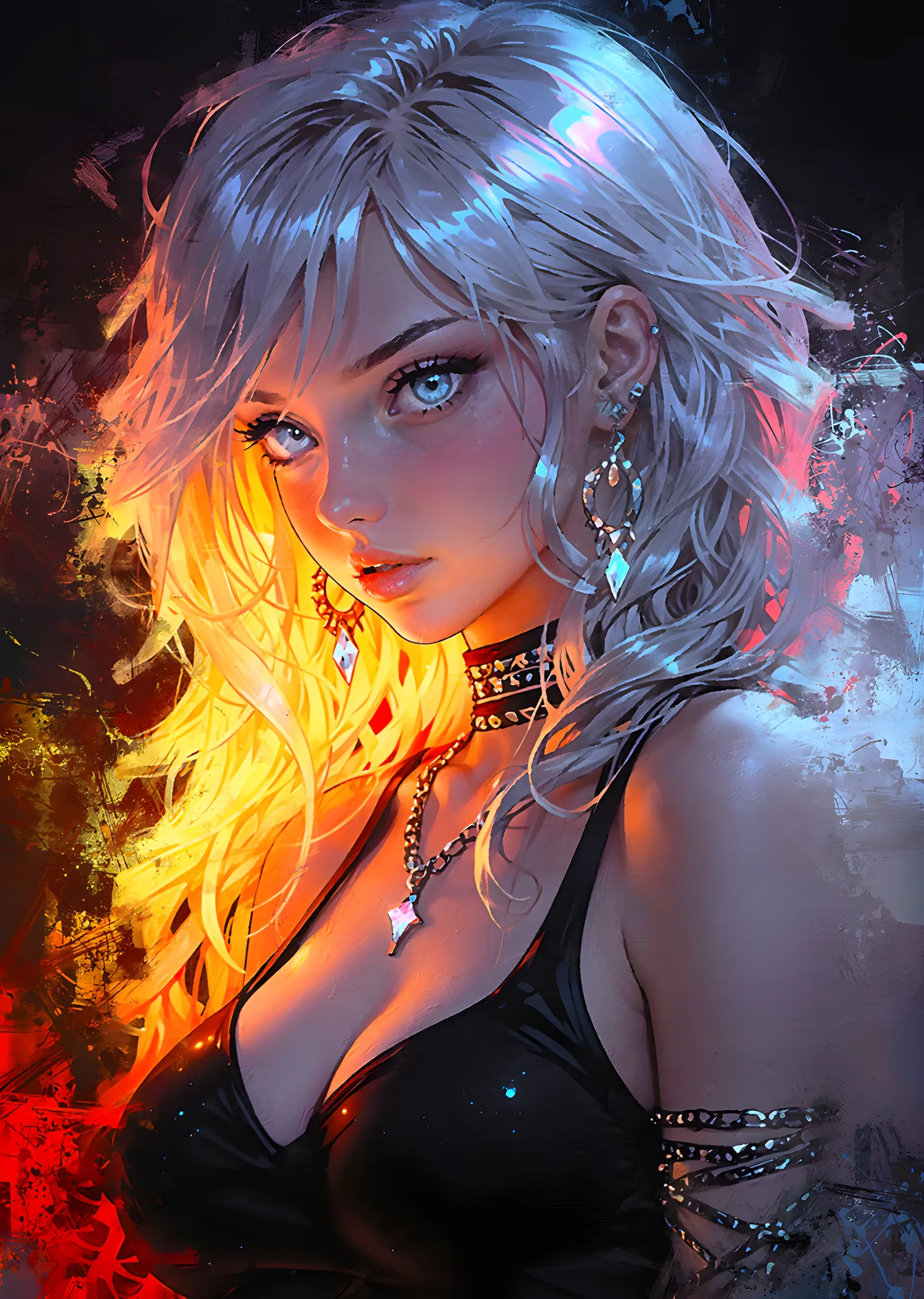 Gümüş Saçlı Anime Kız - Ateş Işığı metal tablo