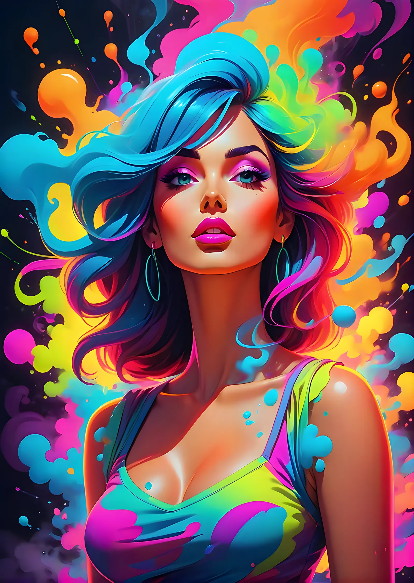 Renkli Saçlı Kadın - Neon Pop metal tablo