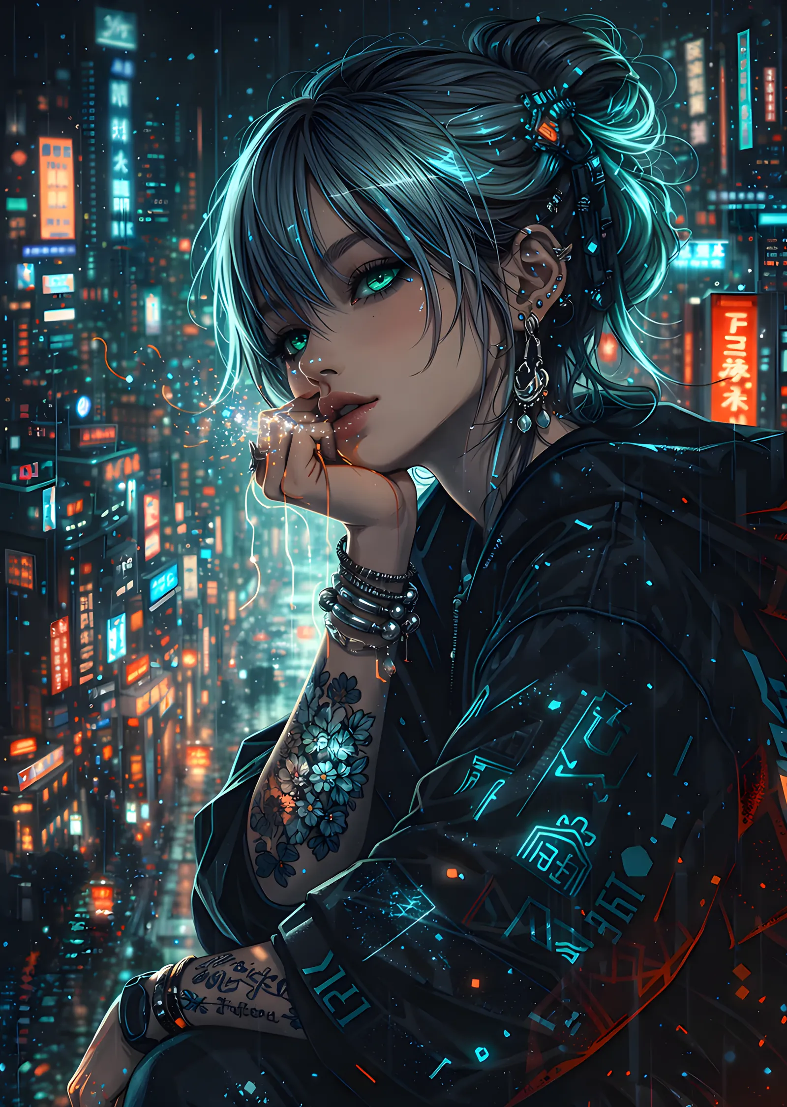 Neon Şehirde Anime Portre metal tablo