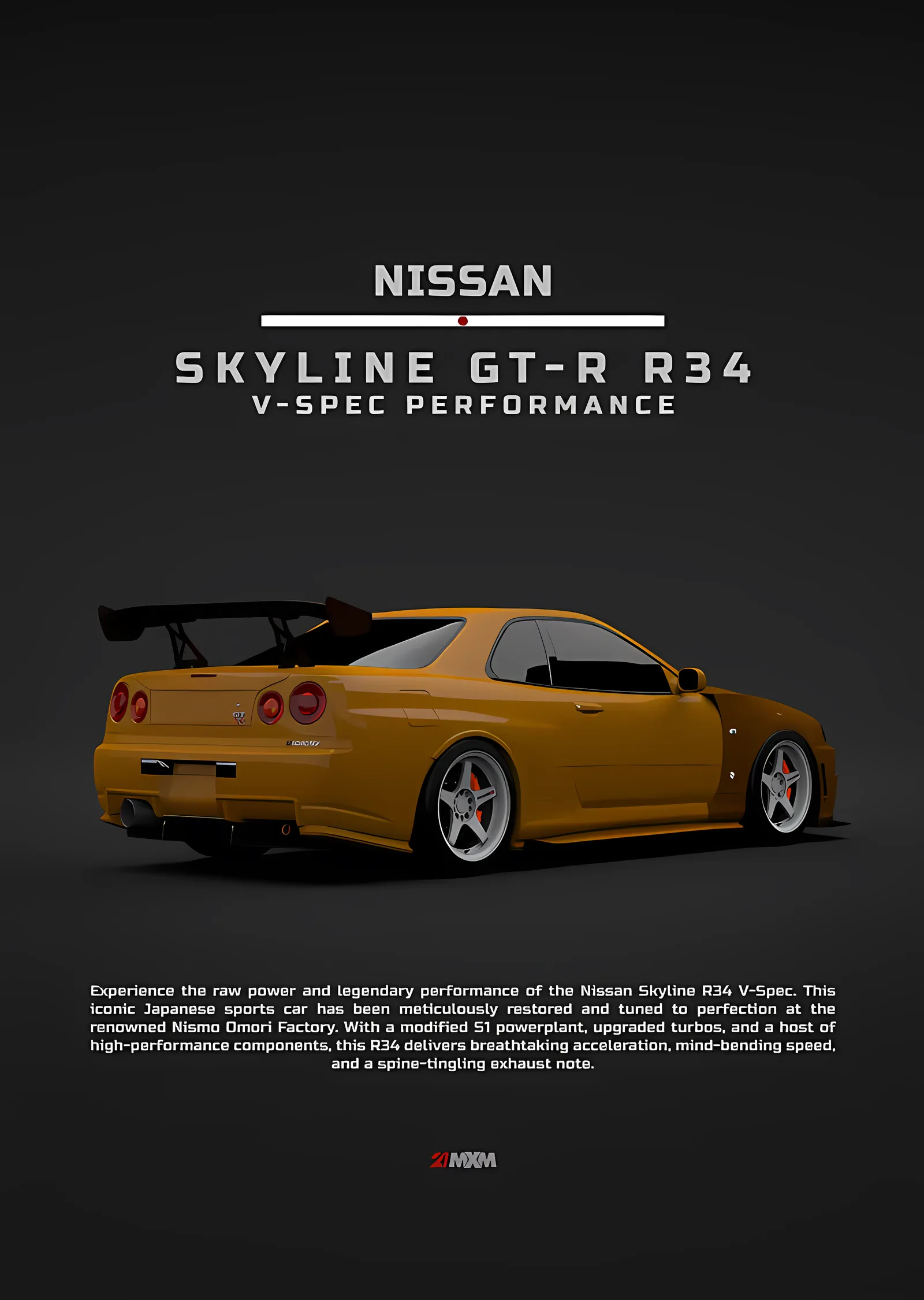 Nissan Skyline GT-R R34: Sarı V-Spec metal tablo