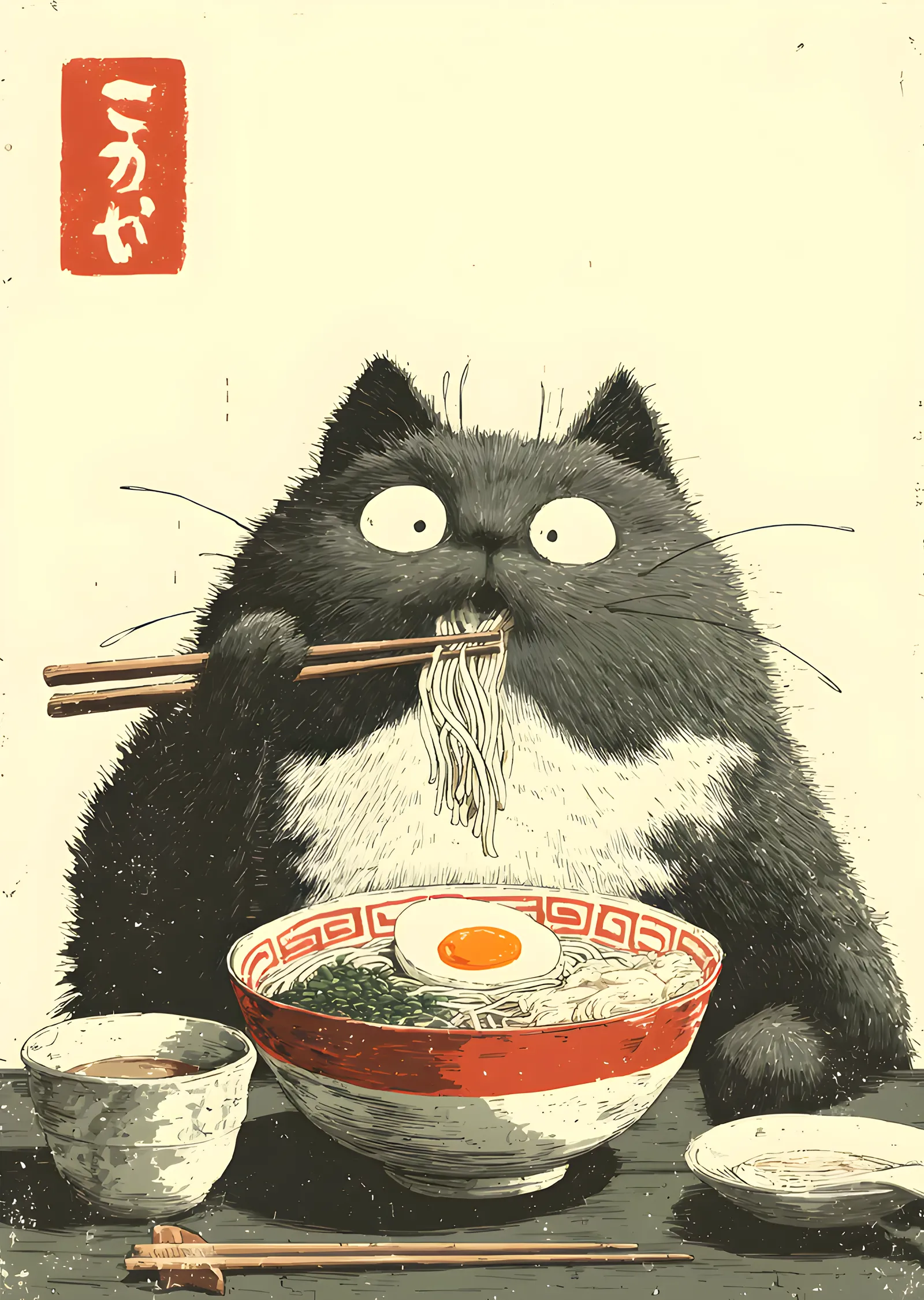 Ramen Yiyen Tüylü Kedi metal tablo