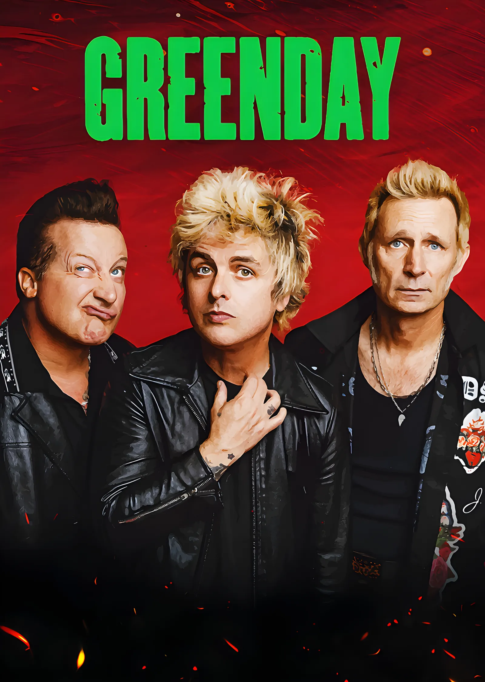 Green Day - Kızıl Zeminde Grup Portresi metal tablo