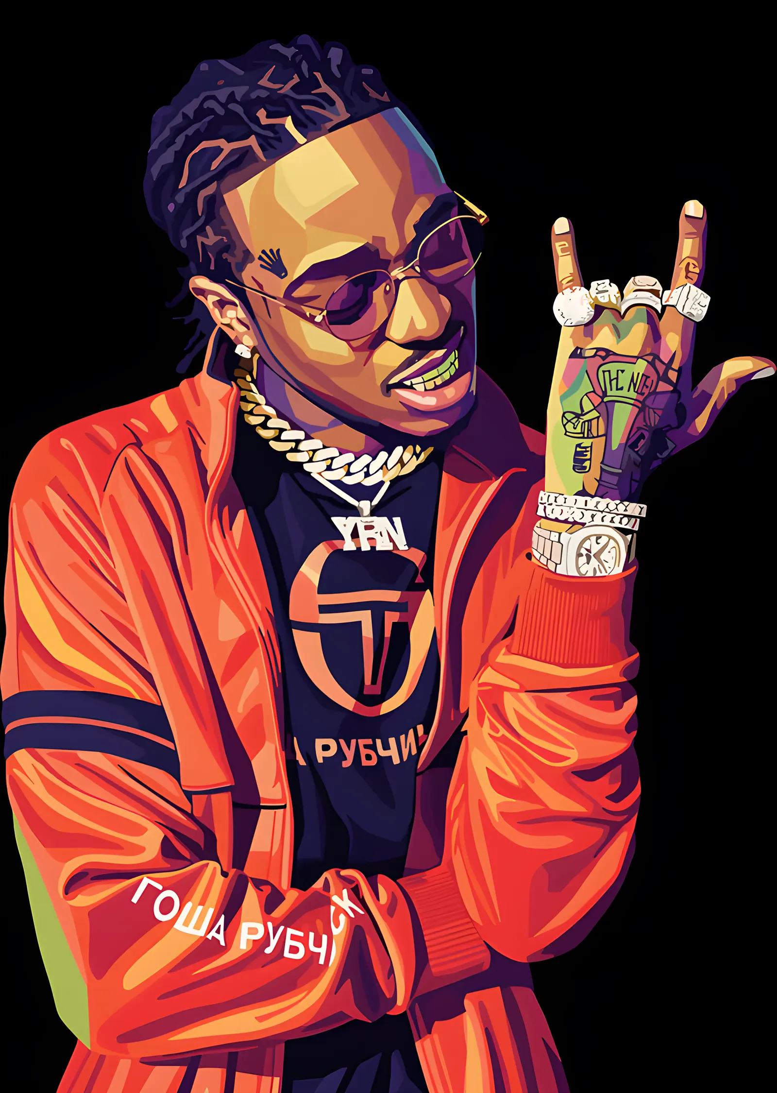 Quavo - Turuncu Ceketli Vektör Portre metal tablo