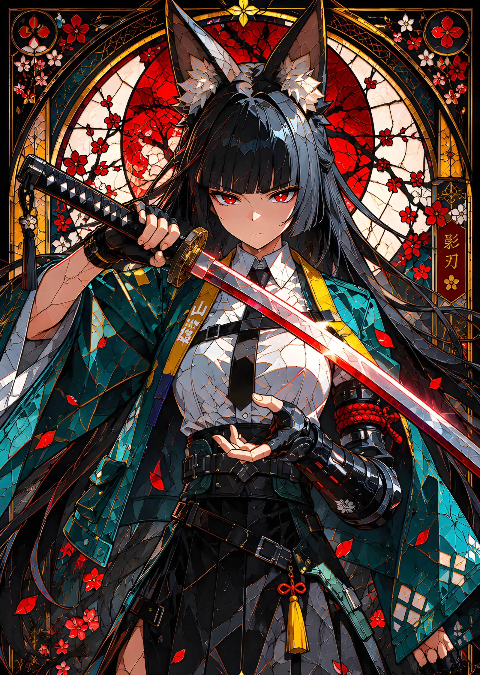 Vitray Önünde Katanalı Anime Figürü metal tablo