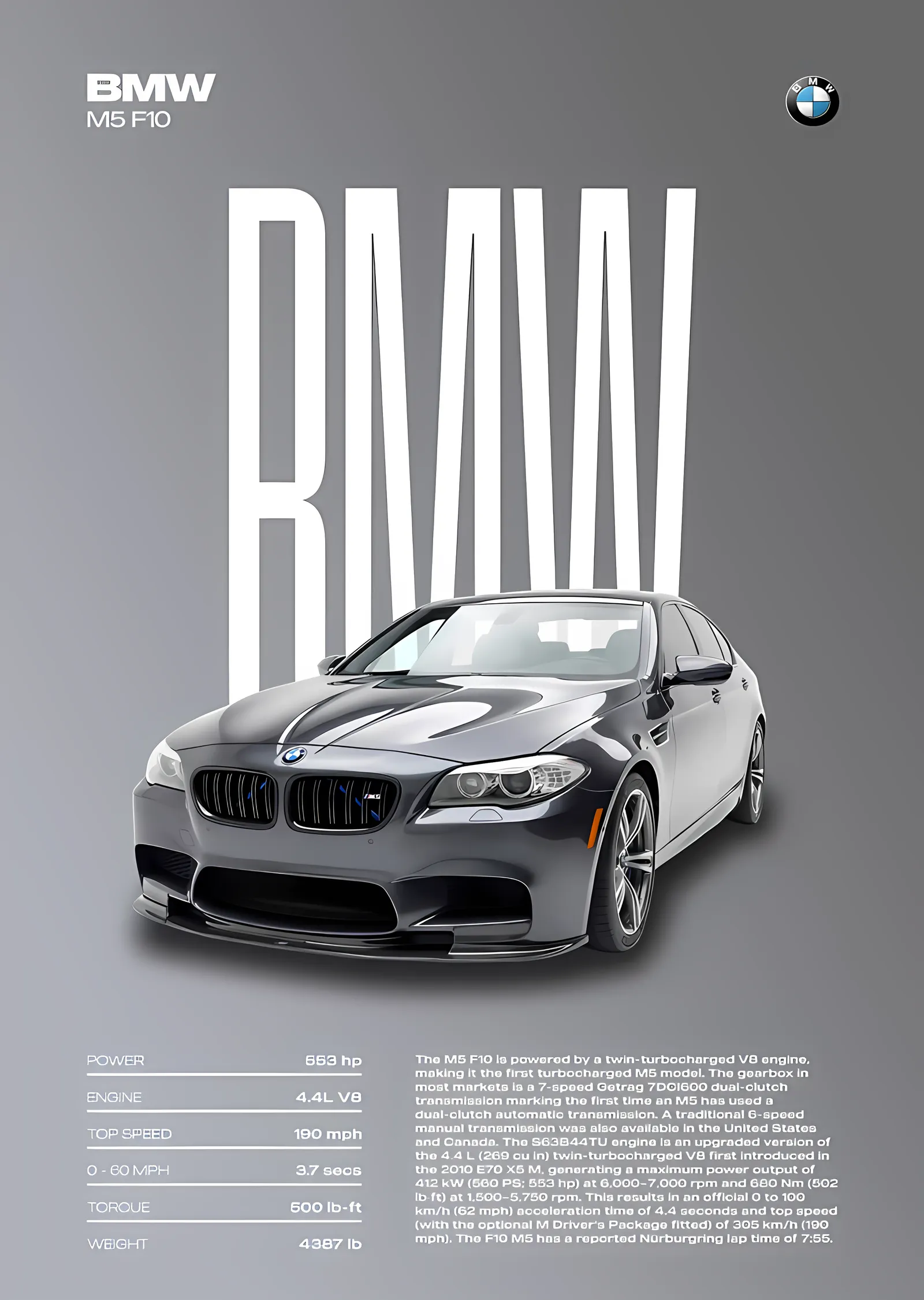 BMW M5 F10 · Açık Gri Kompozisyon metal tablo