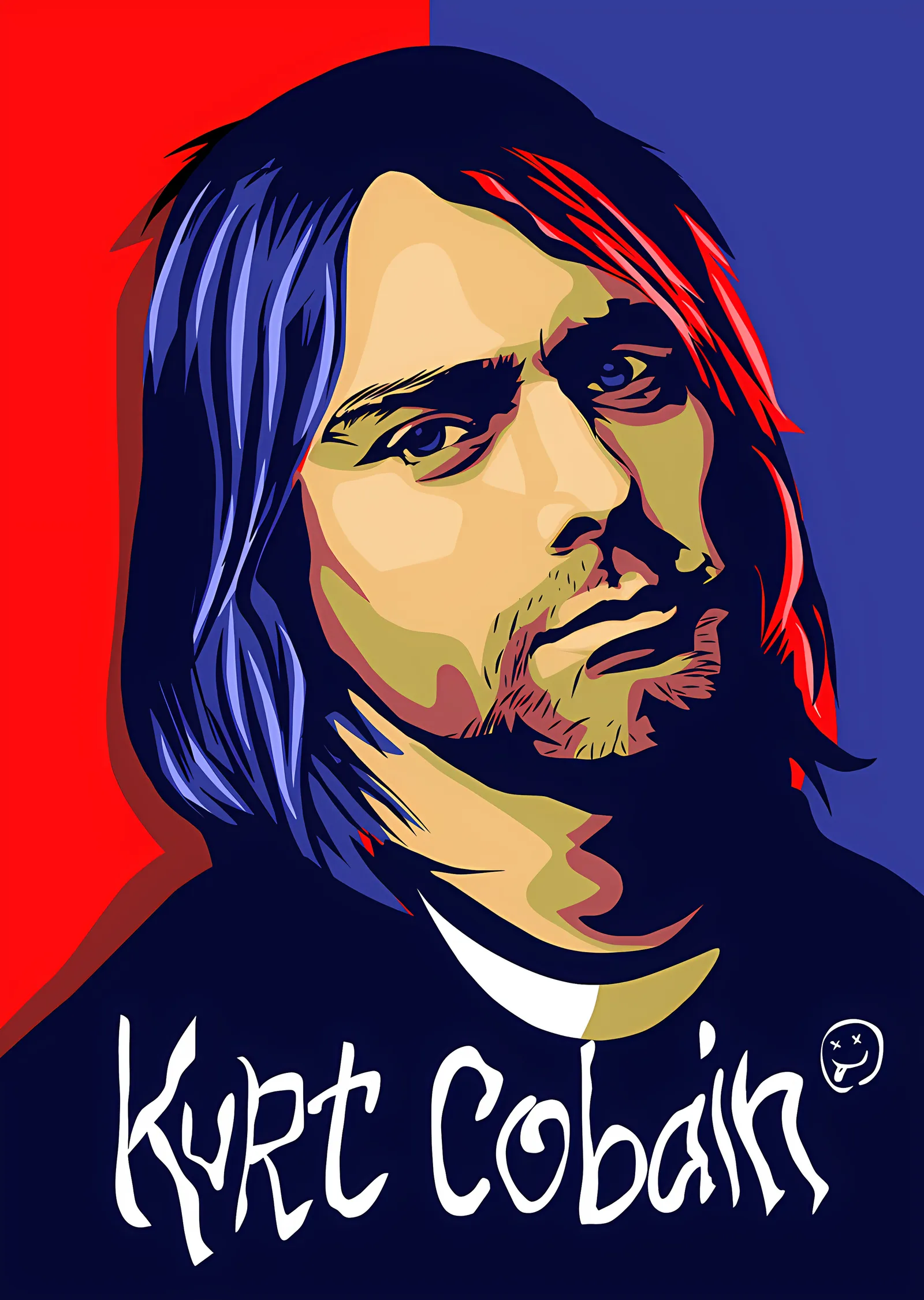 Kurt Cobain - Kırmızı Mavi Vektör Portre metal tablo