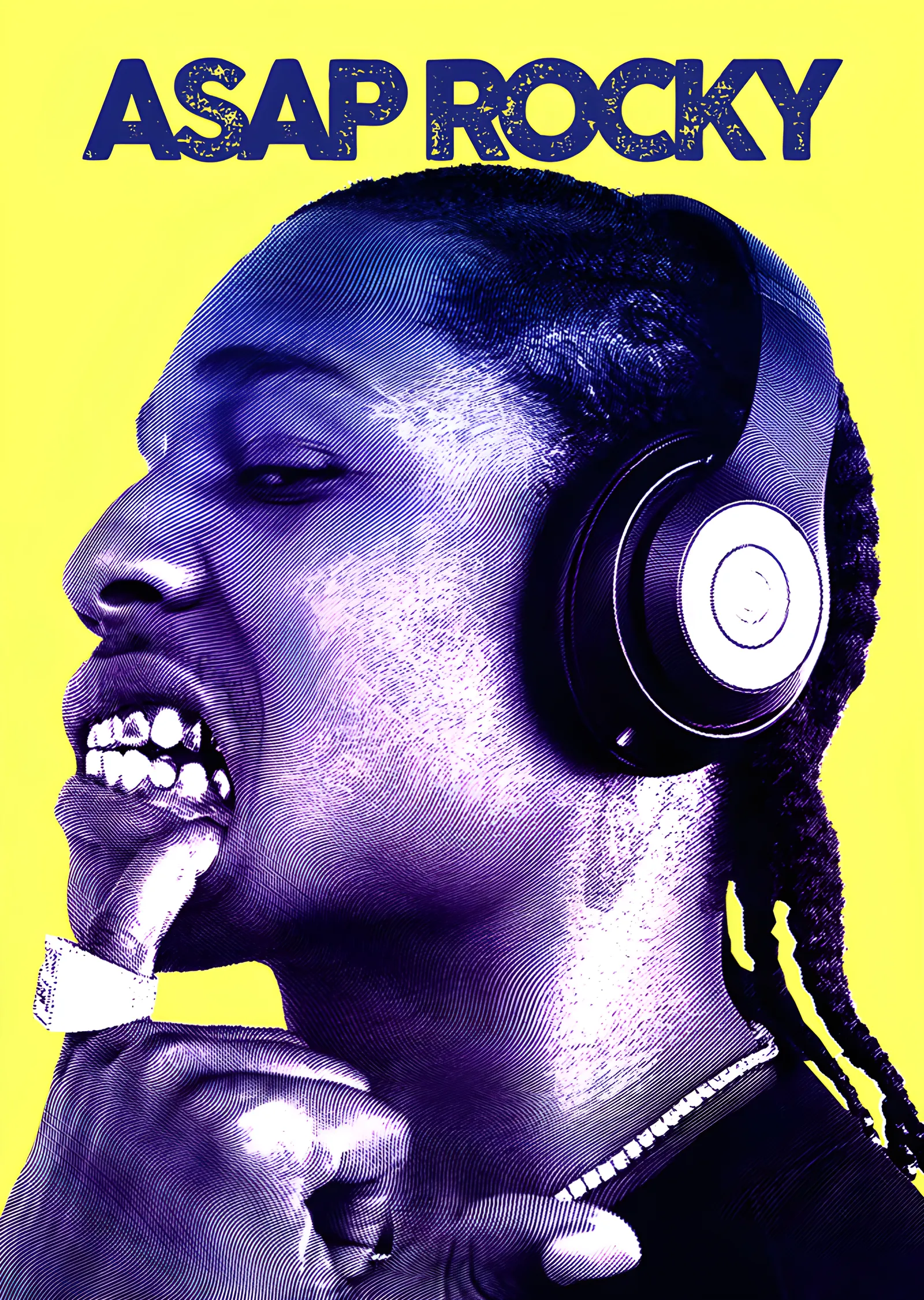 ASAP Rocky - Sarı Zeminde Kulaklıklı Portre metal tablo