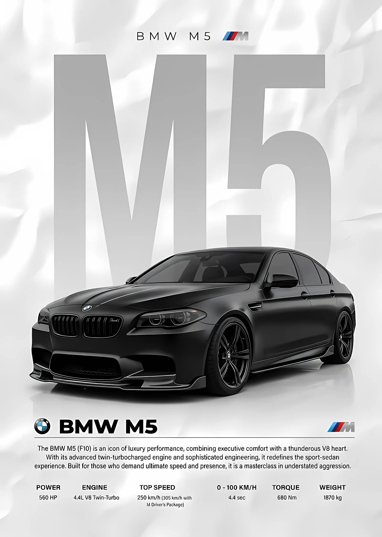 BMW M5 F10 · Beyaz Zeminde Mat Siyah metal tablo